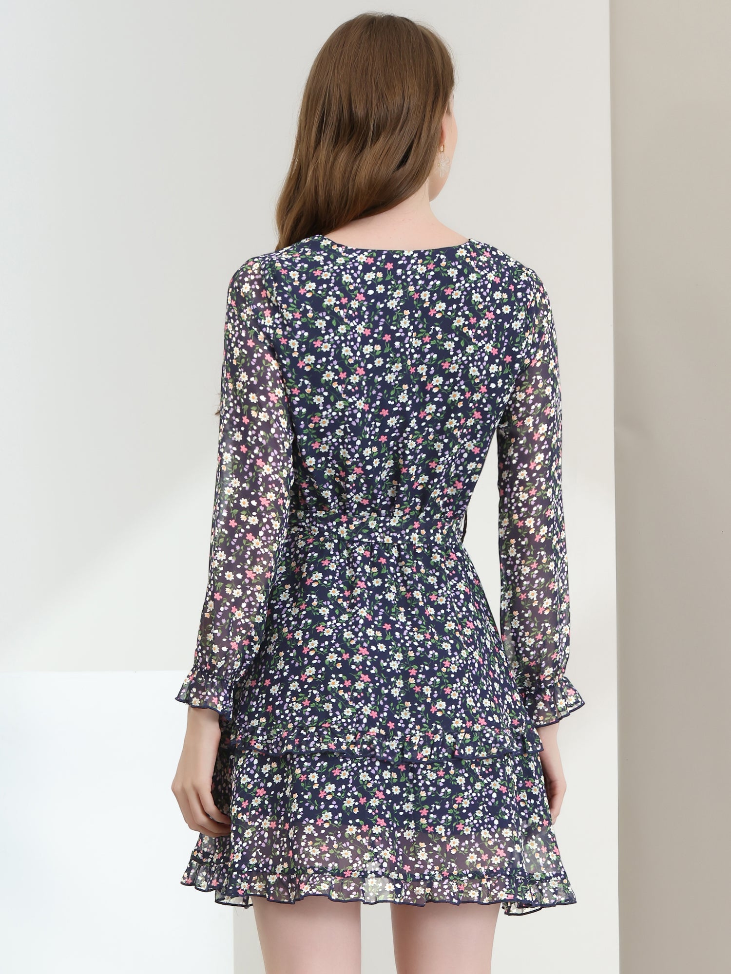 Long Sleeve V Neck Elastic Waist Ruffle Hem Chiffon Floral Dress