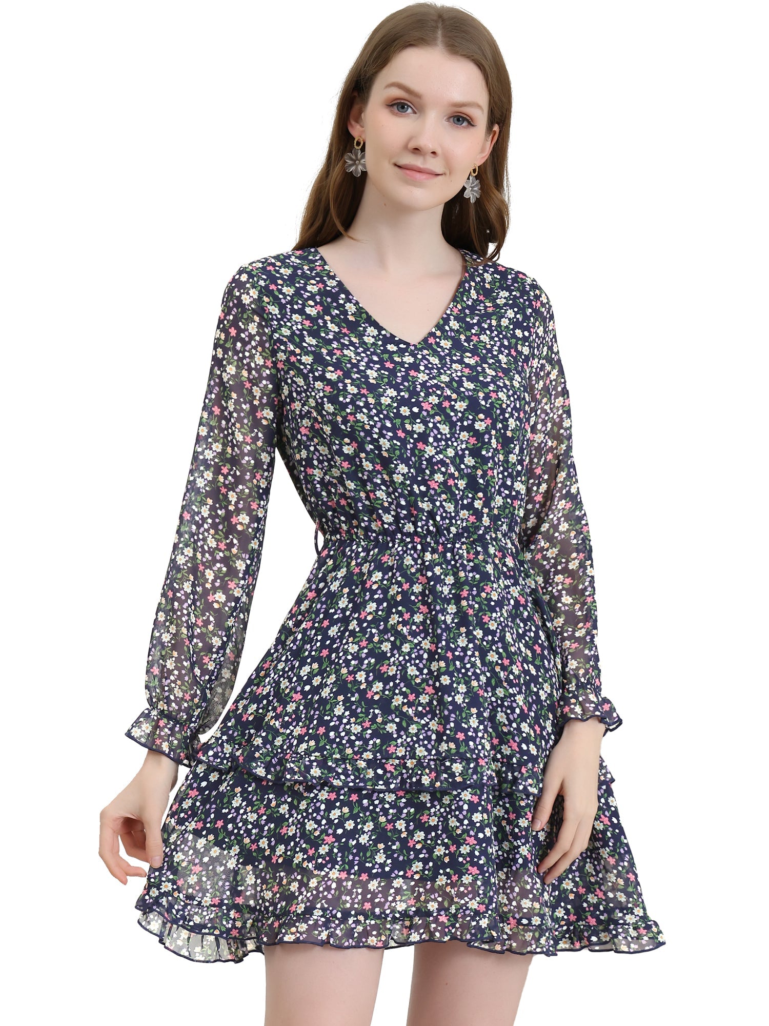 Long Sleeve V Neck Elastic Waist Ruffle Hem Chiffon Floral Dress