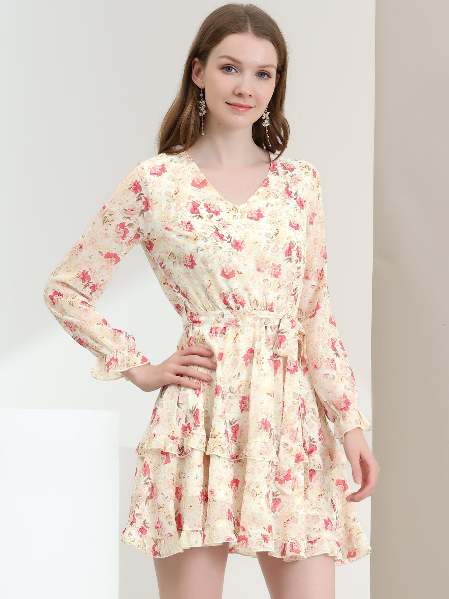 Long Sleeve V Neck Elastic Waist Ruffle Hem Chiffon Floral Dress