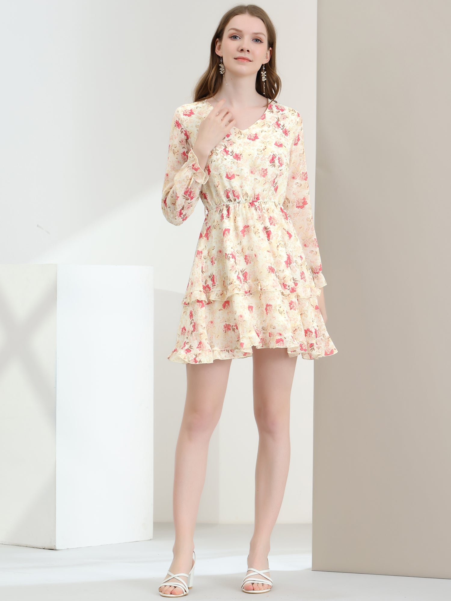 Long Sleeve V Neck Elastic Waist Ruffle Hem Chiffon Floral Dress