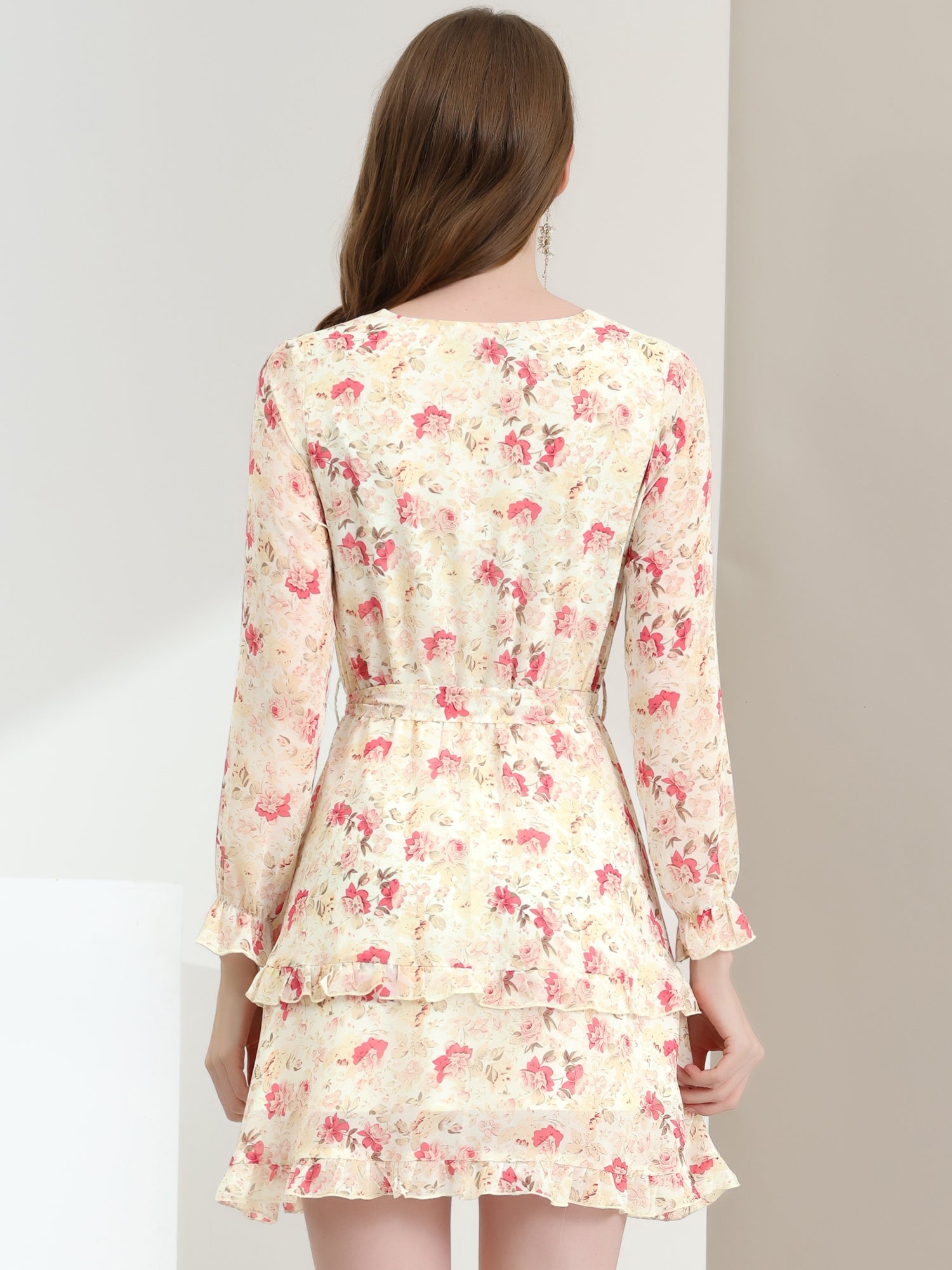 Long Sleeve V Neck Elastic Waist Ruffle Hem Chiffon Floral Dress
