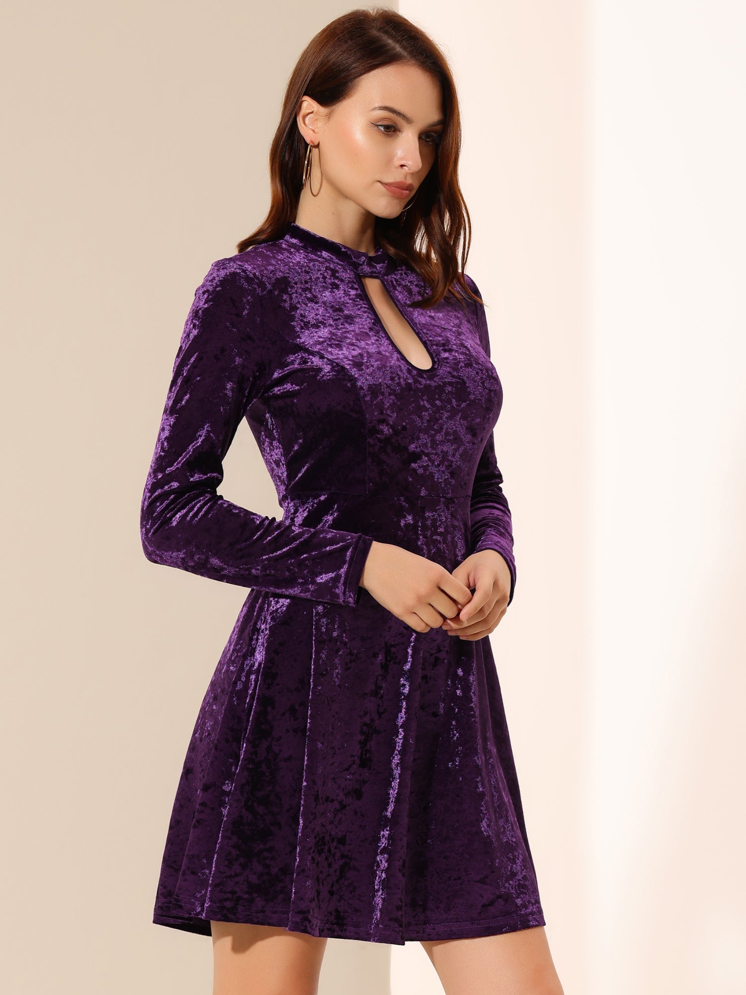 Keyhole Neck High Waist Long Sleeve Velvet Swing Mini Dress