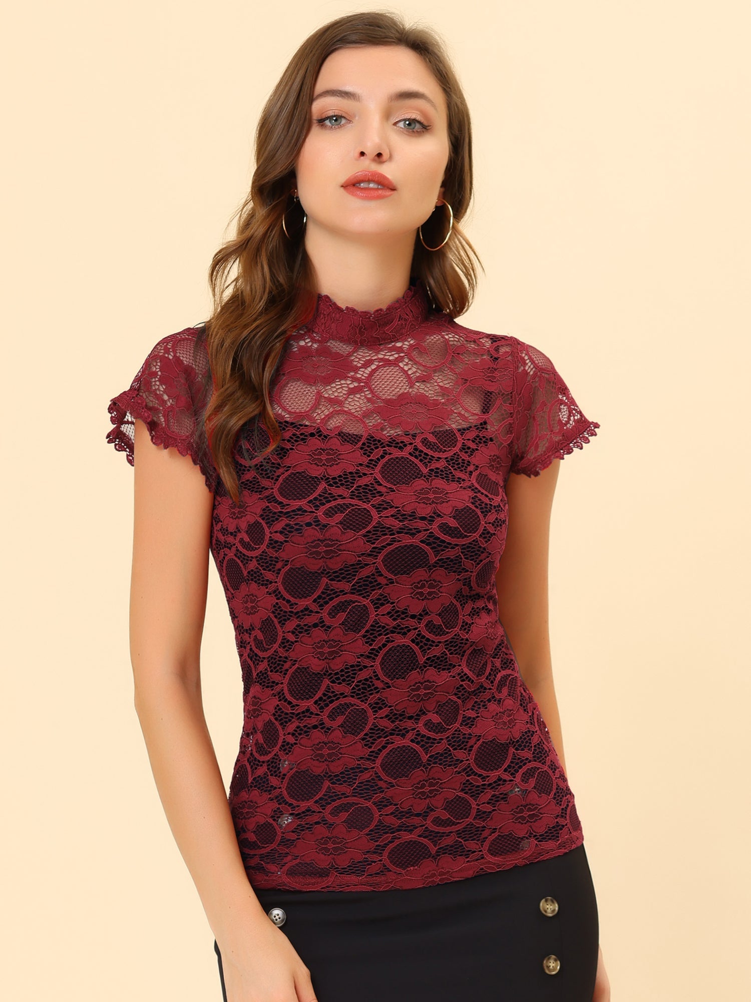 Elegant Floral Lace Short Sleeve Keyhole Back Fitted Blouse