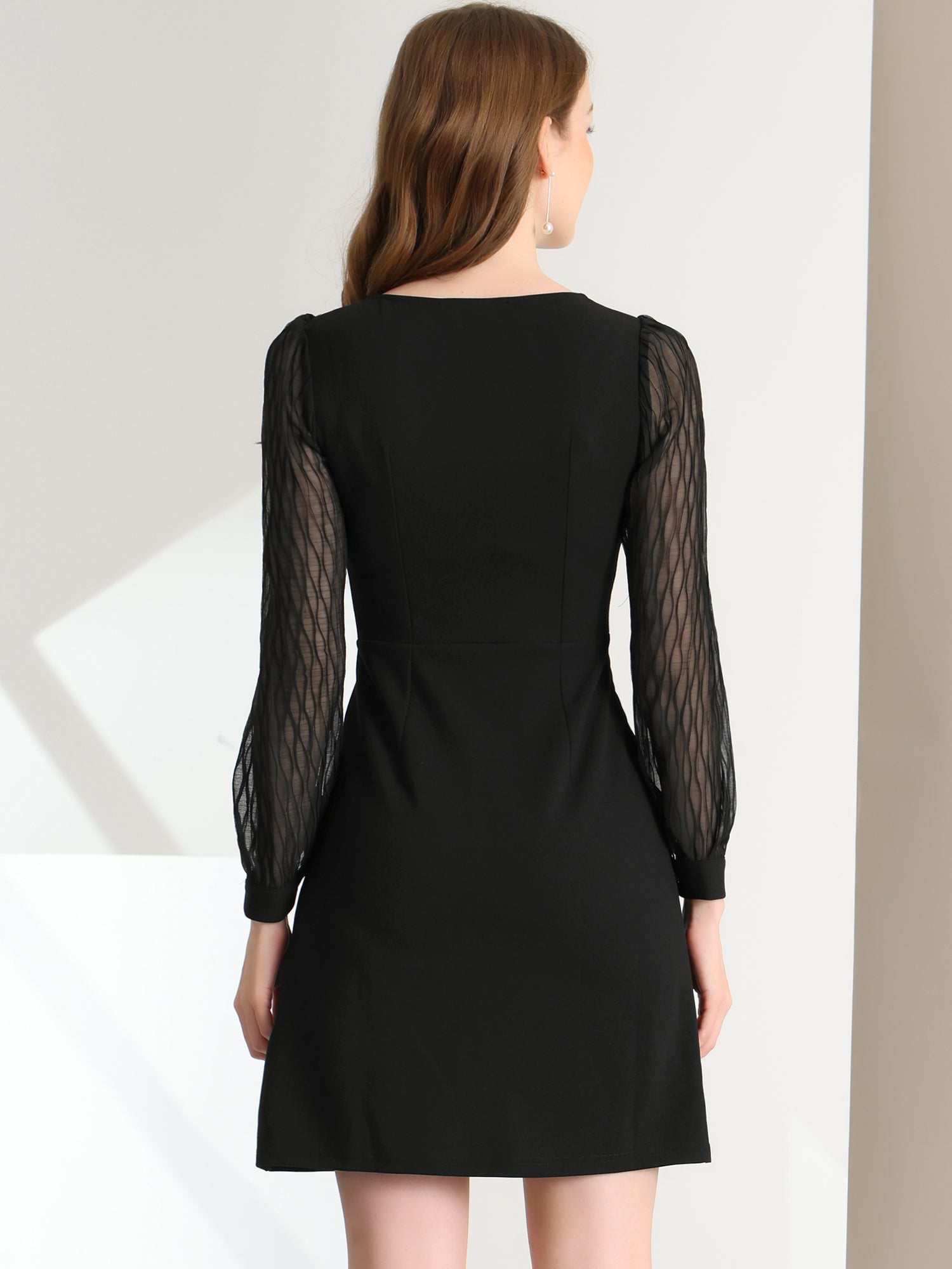 Elegant Mesh Sleeve Split Side A-Line Casual Square Neck Dress
