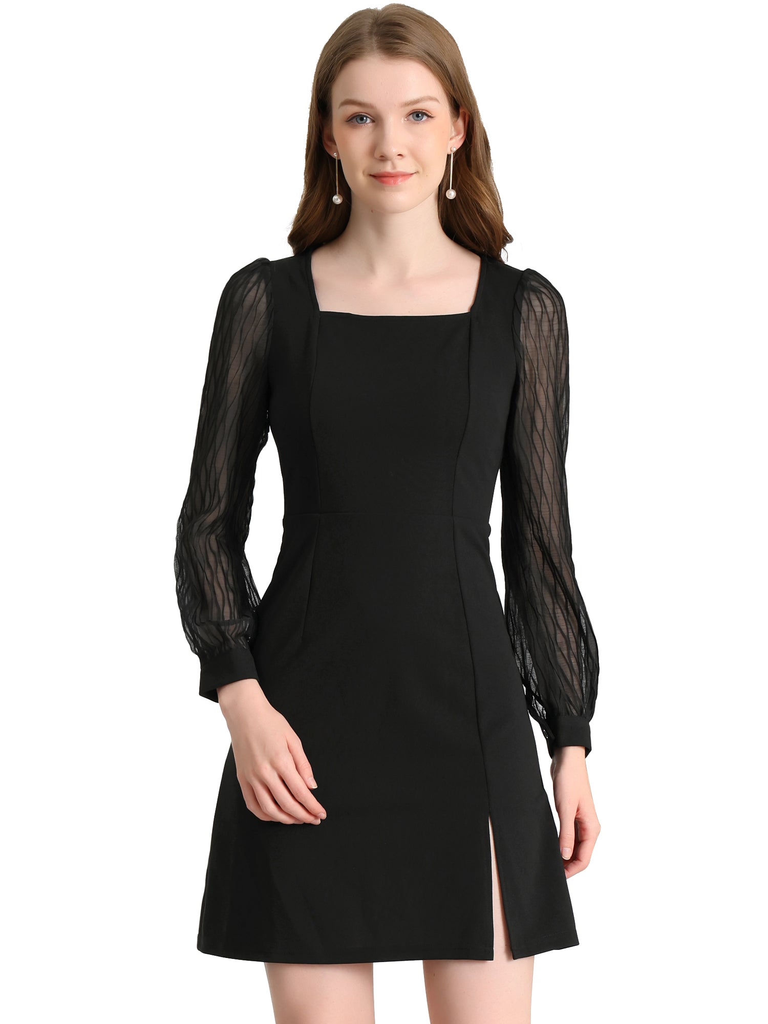 Elegant Mesh Sleeve Split Side A-Line Casual Square Neck Dress