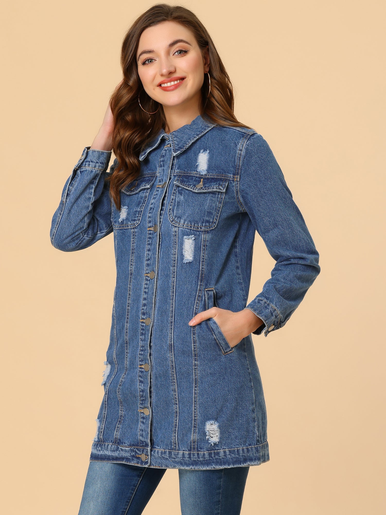 Distressed Long Sleeve Ripped Casual Denim Jacket