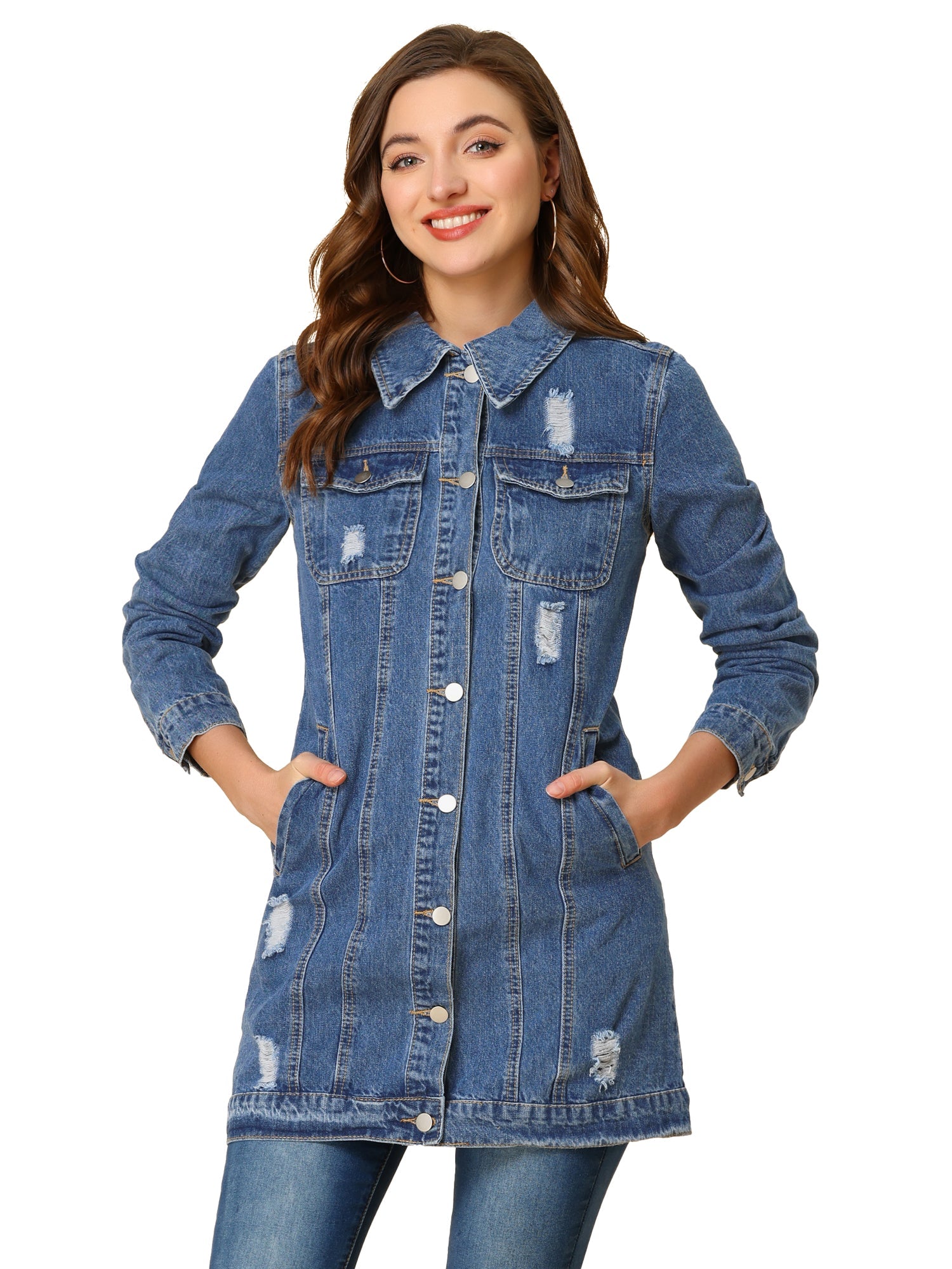 Distressed Long Sleeve Ripped Casual Denim Jacket