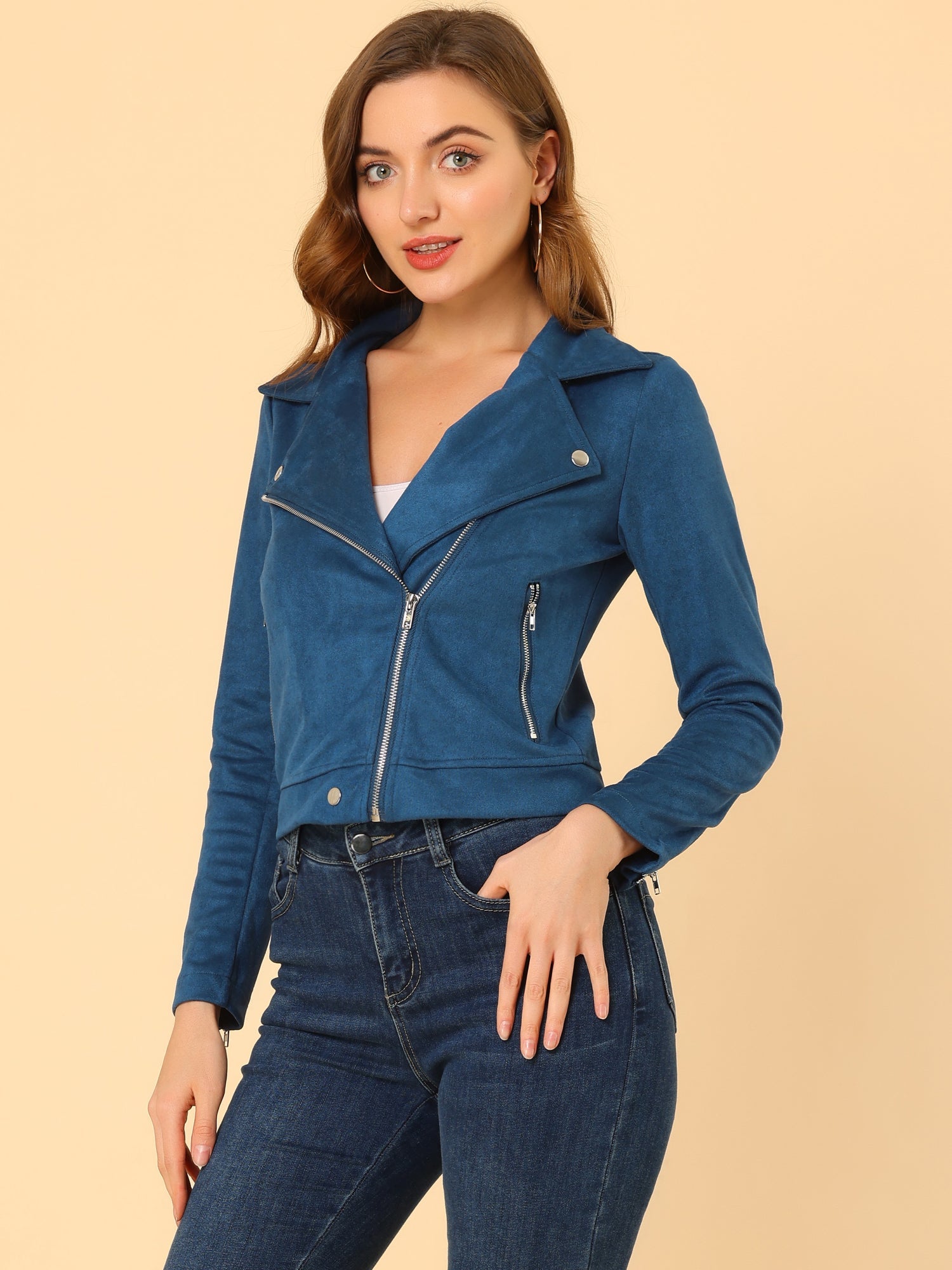 Casual Short Soft Zip Up Faux Suede Biker Moto Jacket