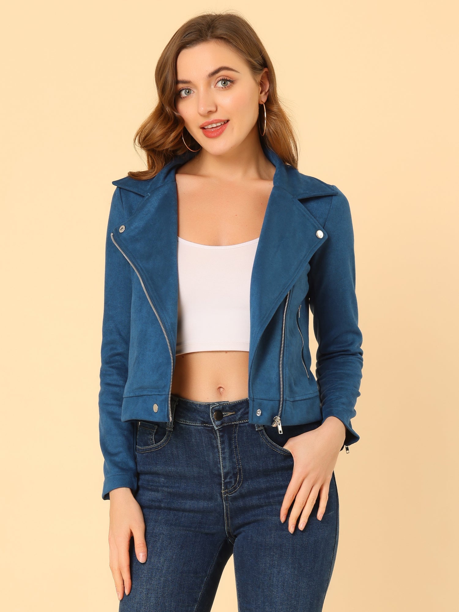 Casual Short Soft Zip Up Faux Suede Biker Moto Jacket