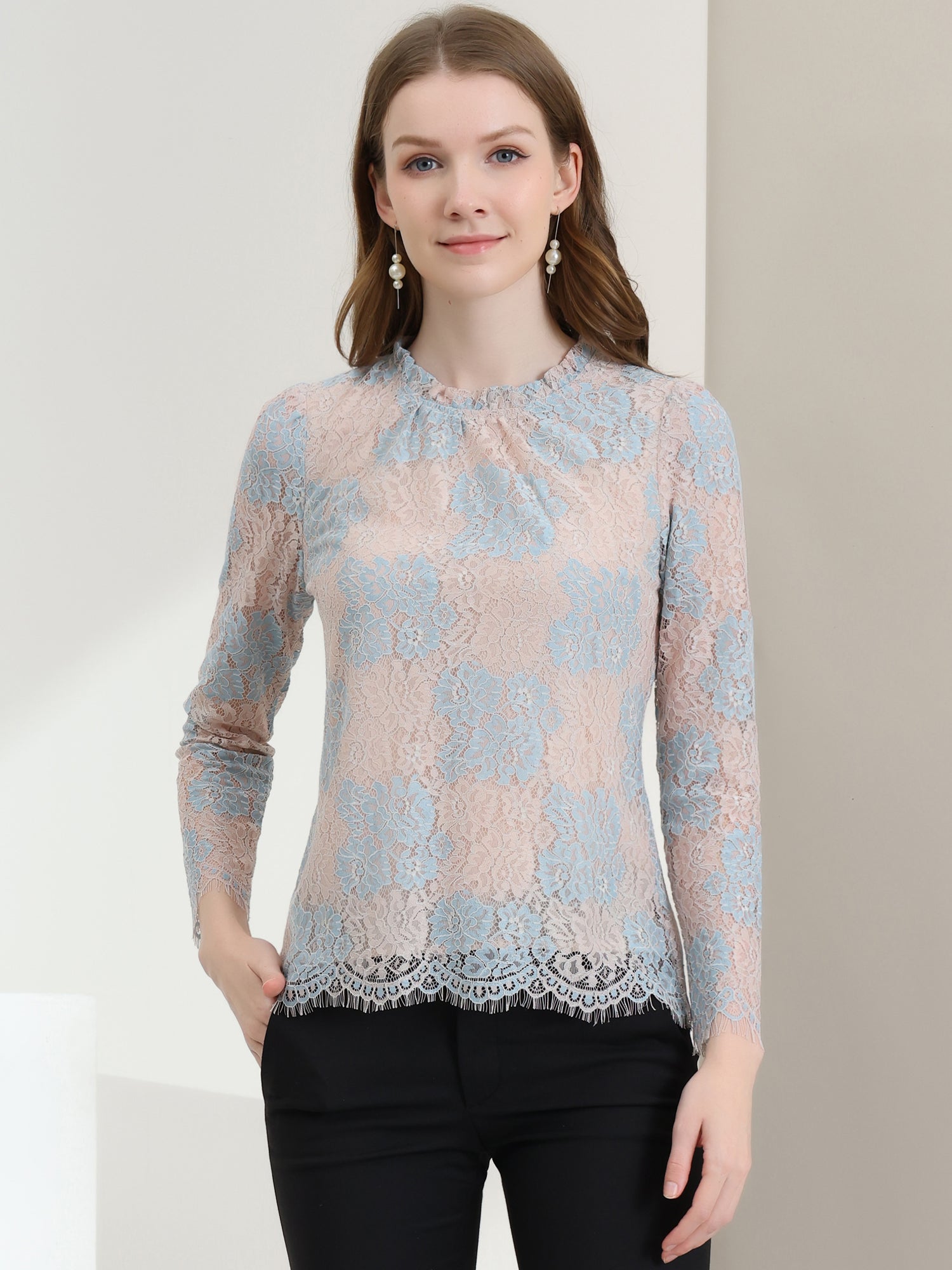 Lace Long Sleeve Ruffle Stand Neck Floral Blouse