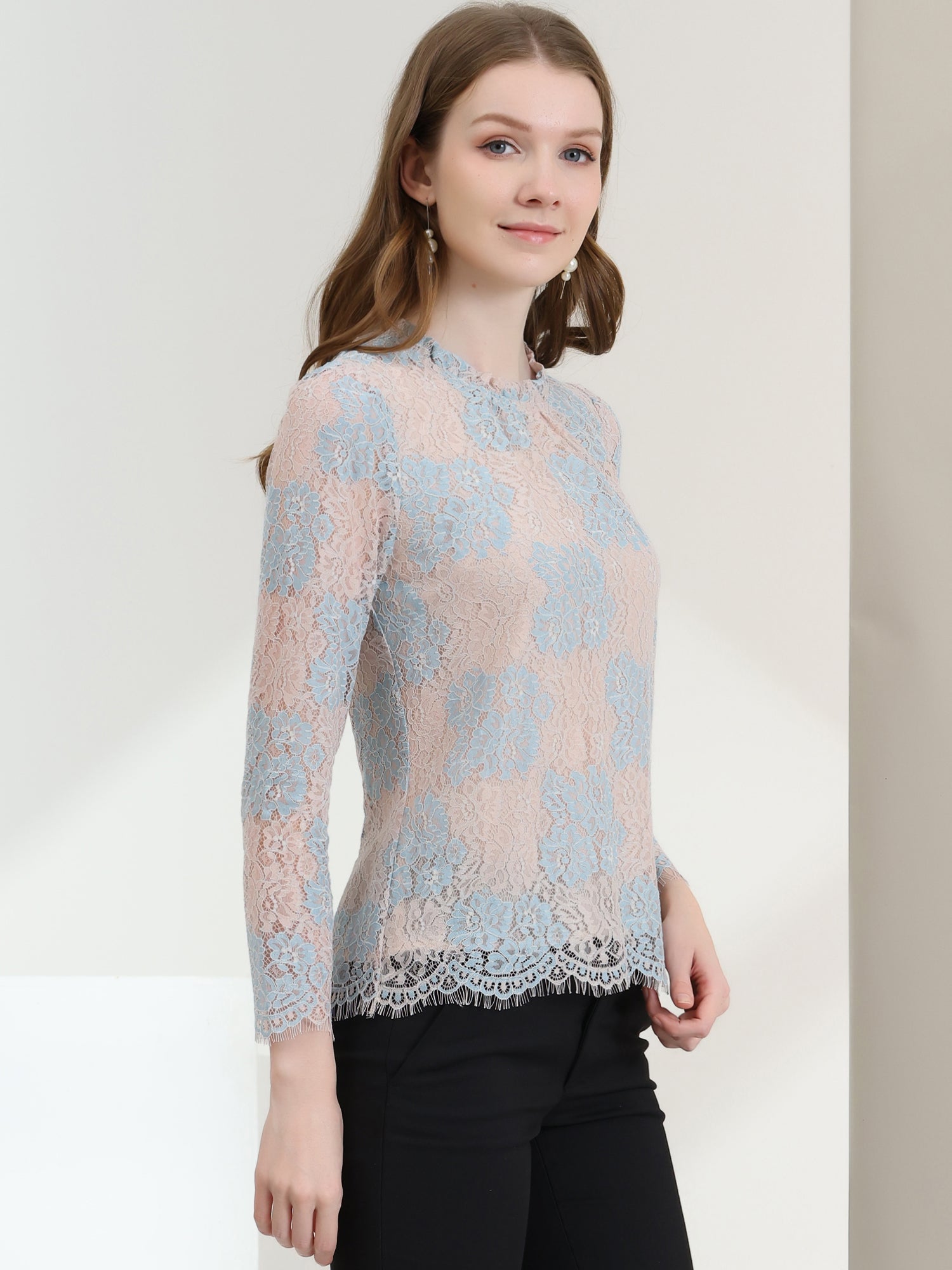 Lace Long Sleeve Ruffle Stand Neck Floral Blouse