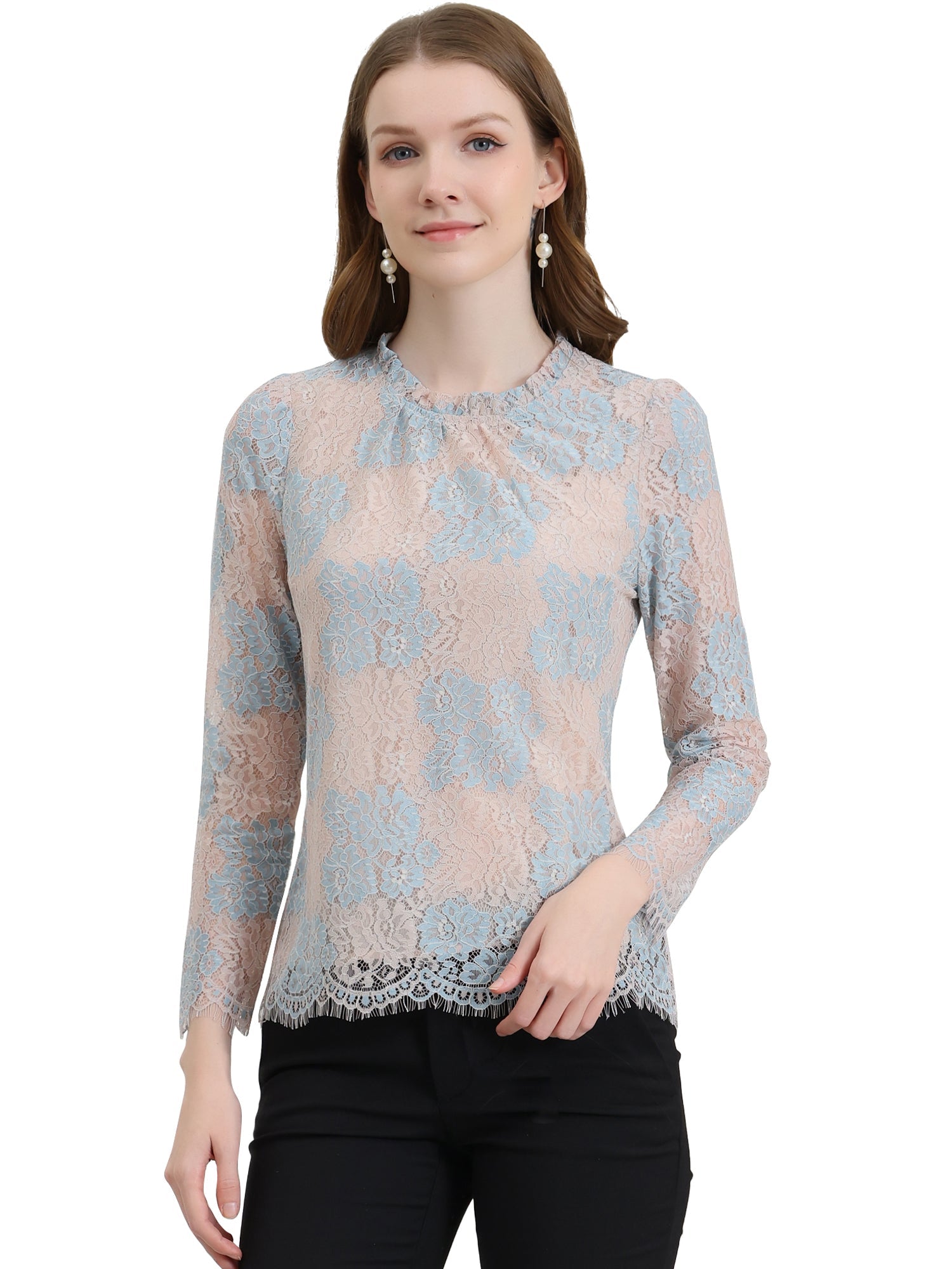 Lace Long Sleeve Ruffle Stand Neck Floral Blouse