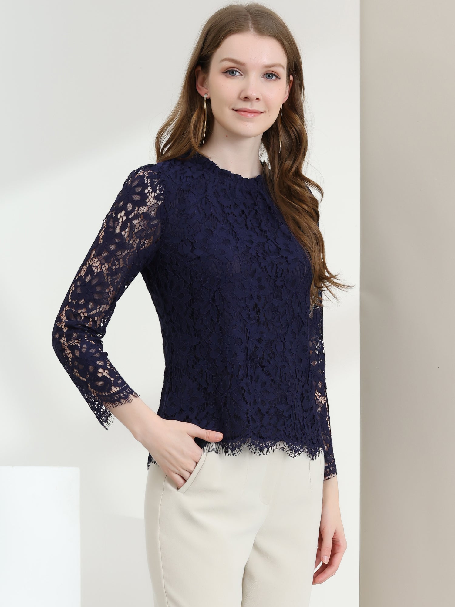 Lace Long Sleeve Ruffle Stand Neck Floral Blouse
