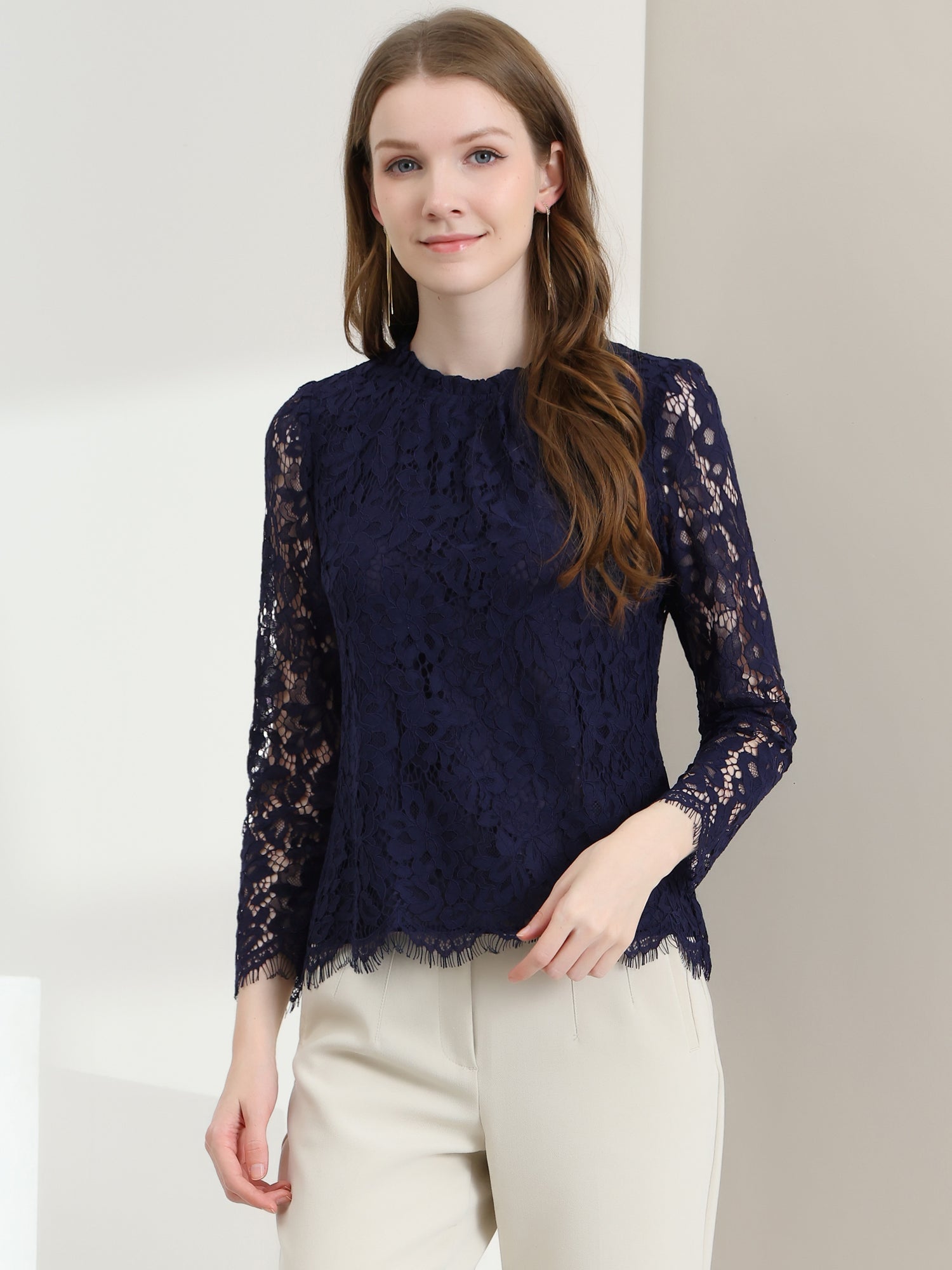 Lace Long Sleeve Ruffle Stand Neck Floral Blouse