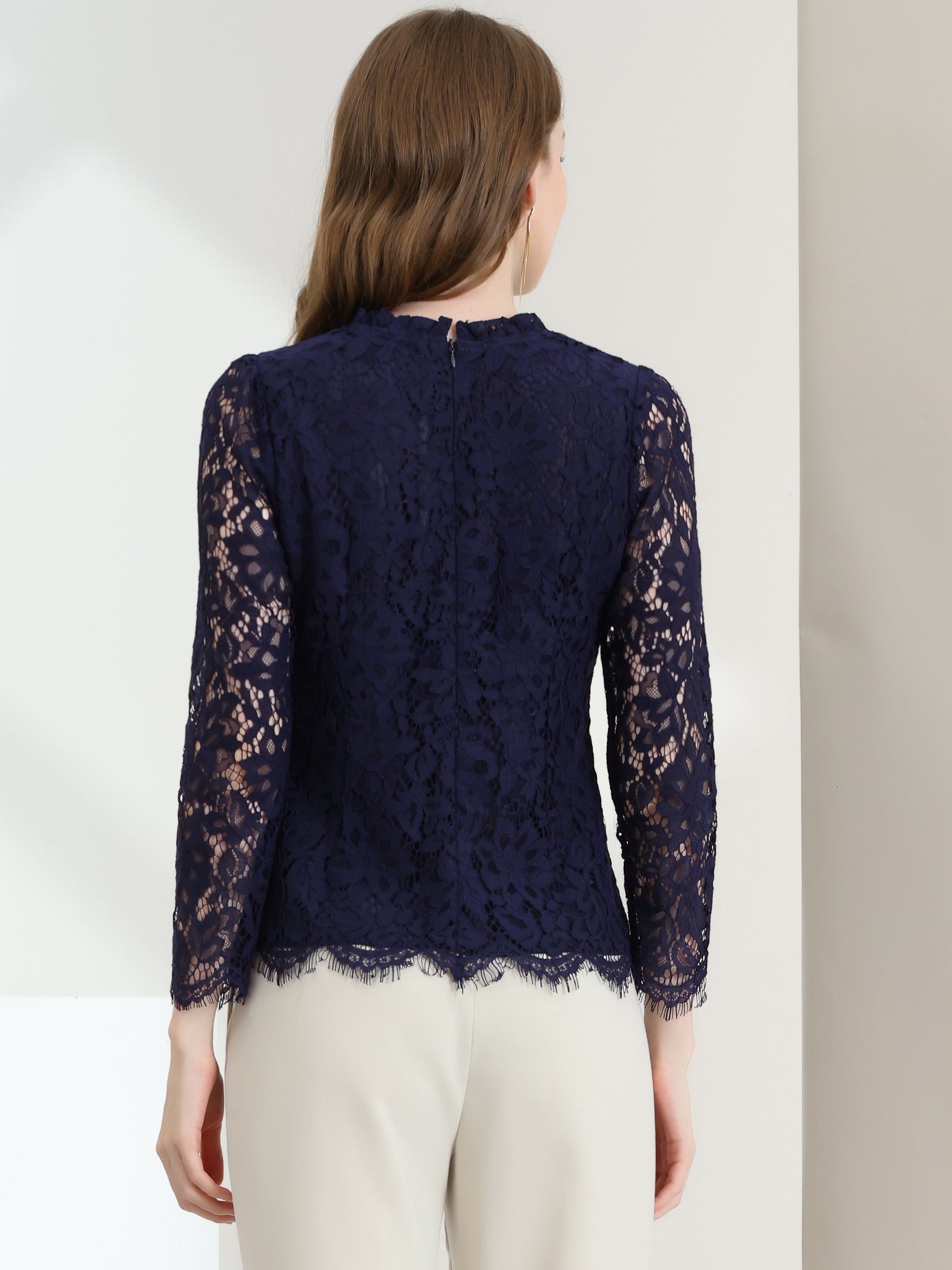 Lace Long Sleeve Ruffle Stand Neck Floral Blouse