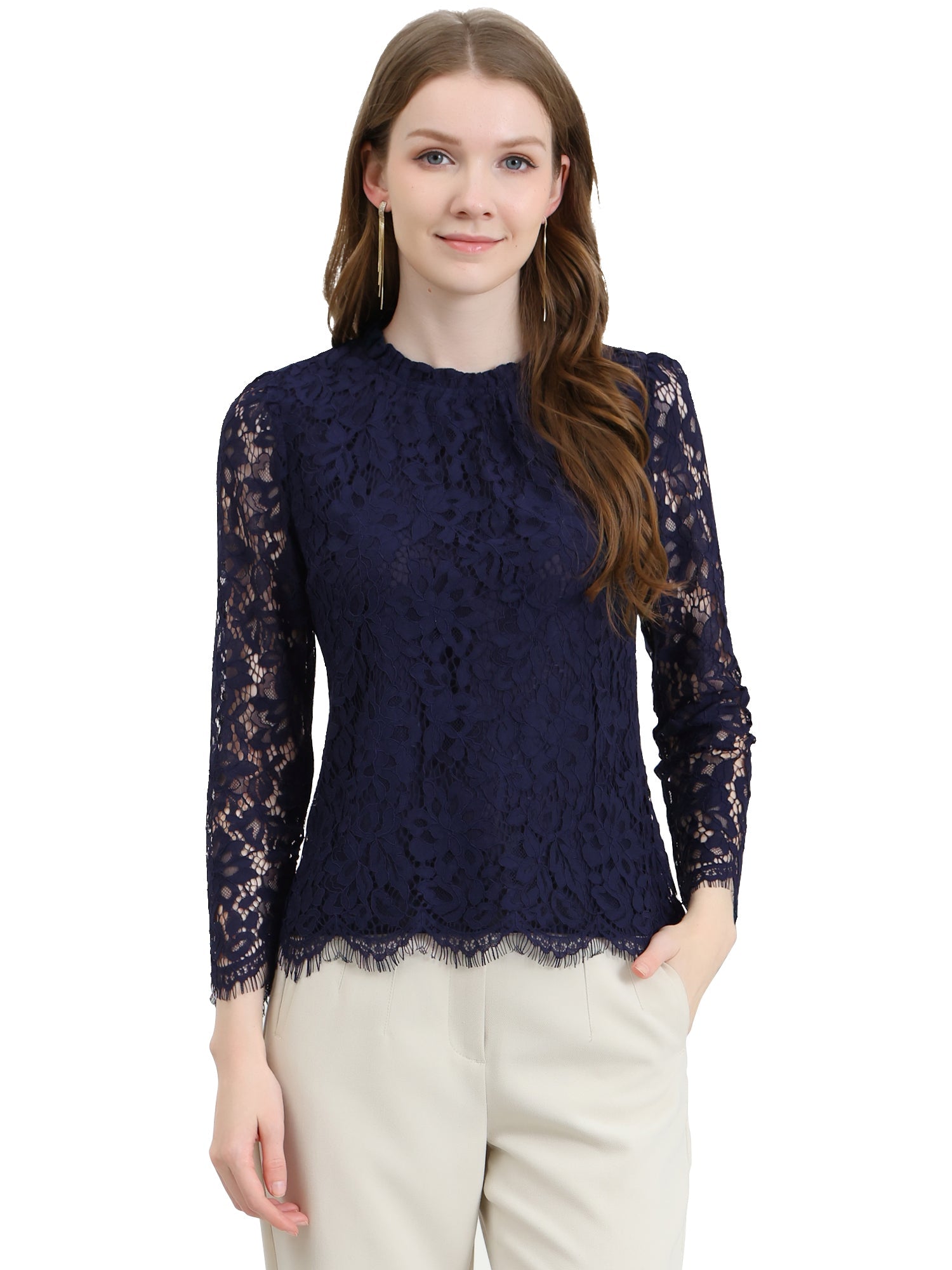 Lace Long Sleeve Ruffle Stand Neck Floral Blouse