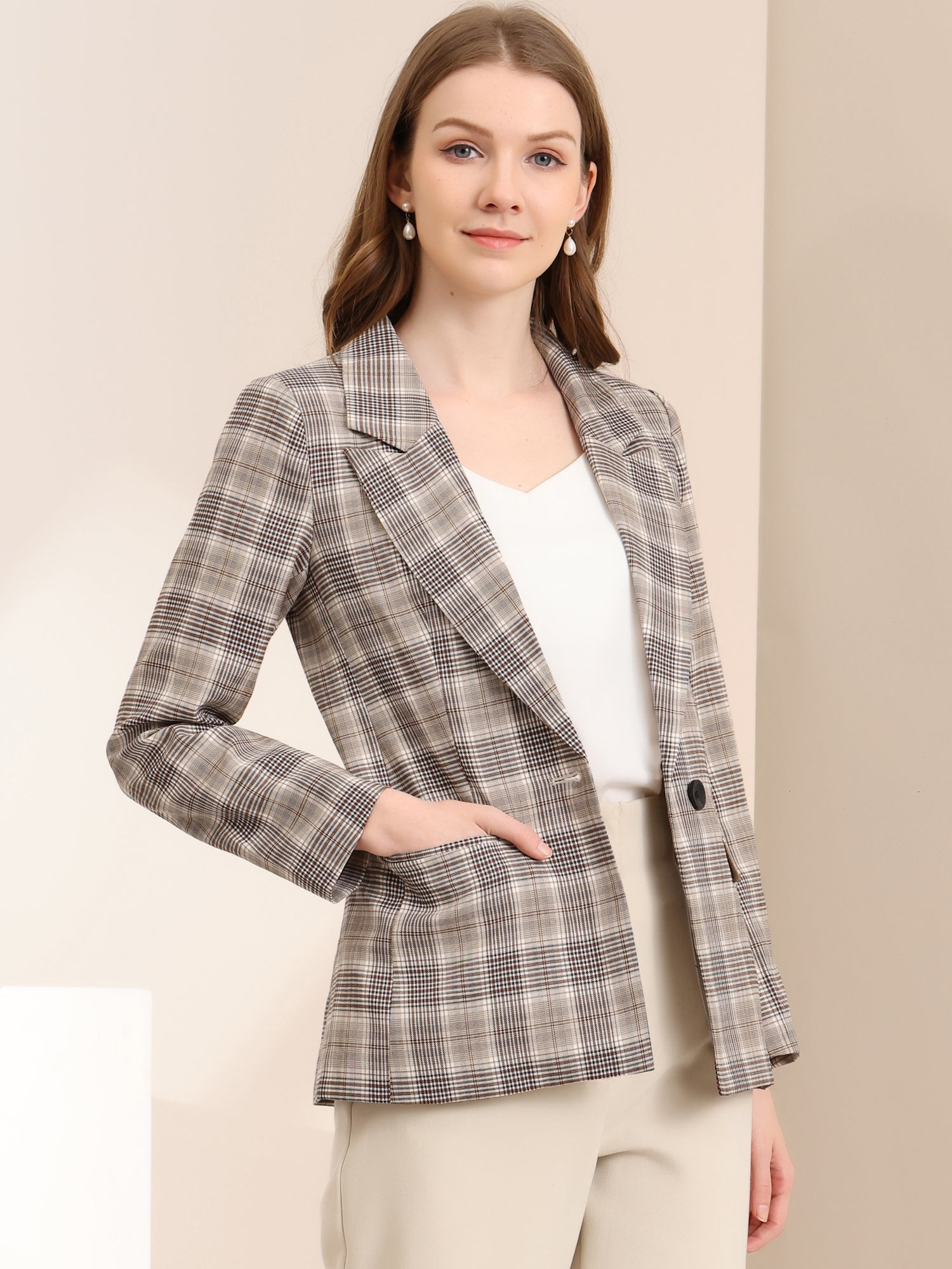 Plaid Notched Lapel One Button Houndstooth Blazer Jacket