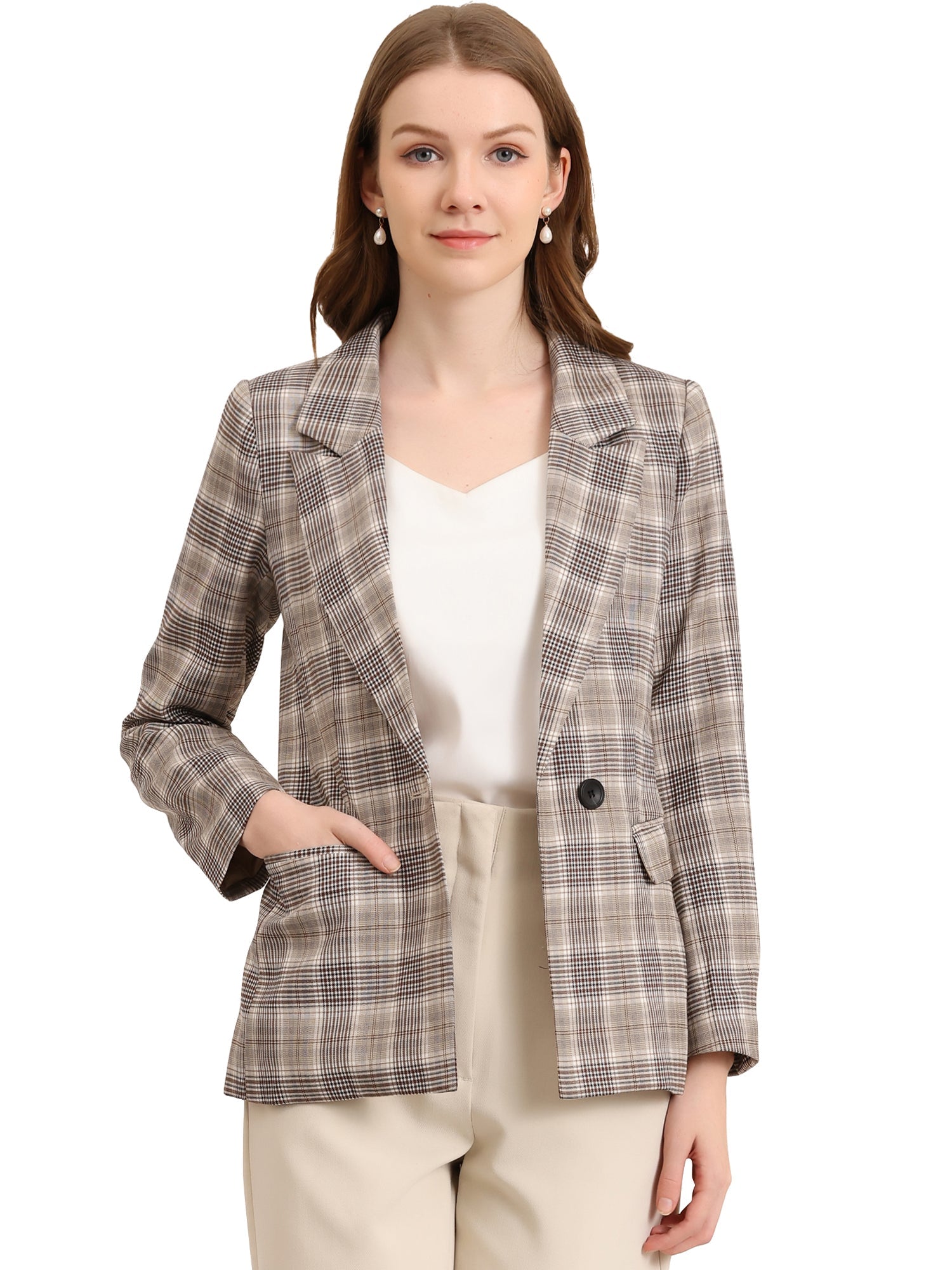 Plaid Notched Lapel One Button Houndstooth Blazer Jacket