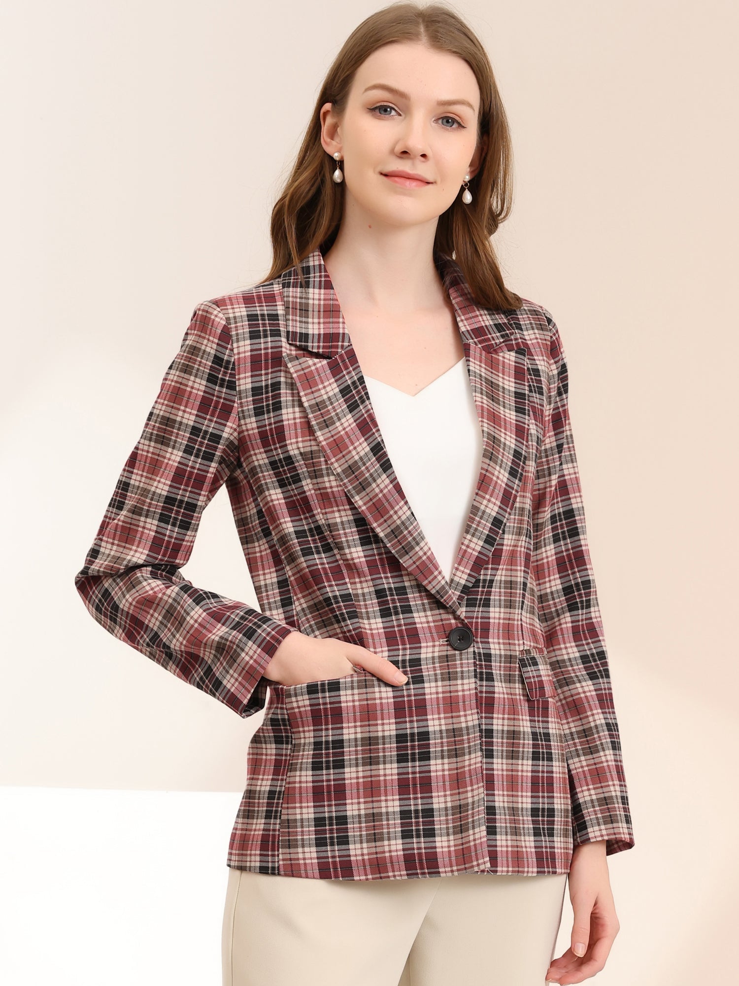 Plaid Notched Lapel One Button Houndstooth Blazer Jacket