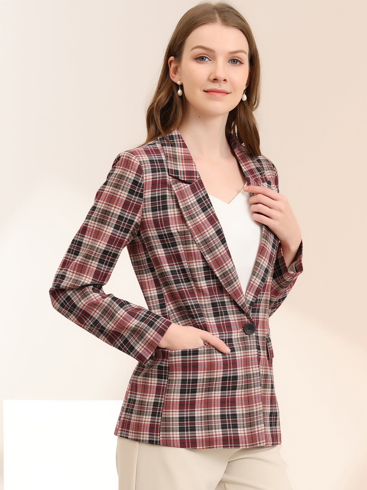 Plaid Notched Lapel One Button Houndstooth Blazer Jacket