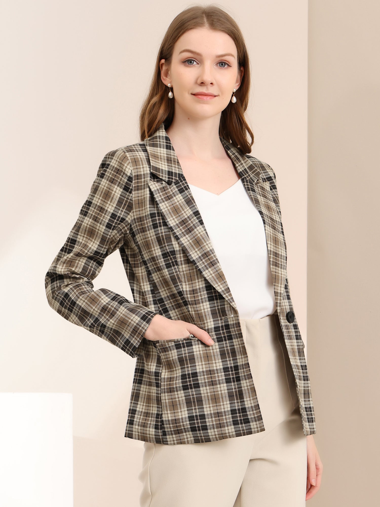 Plaid Notched Lapel One Button Houndstooth Blazer Jacket