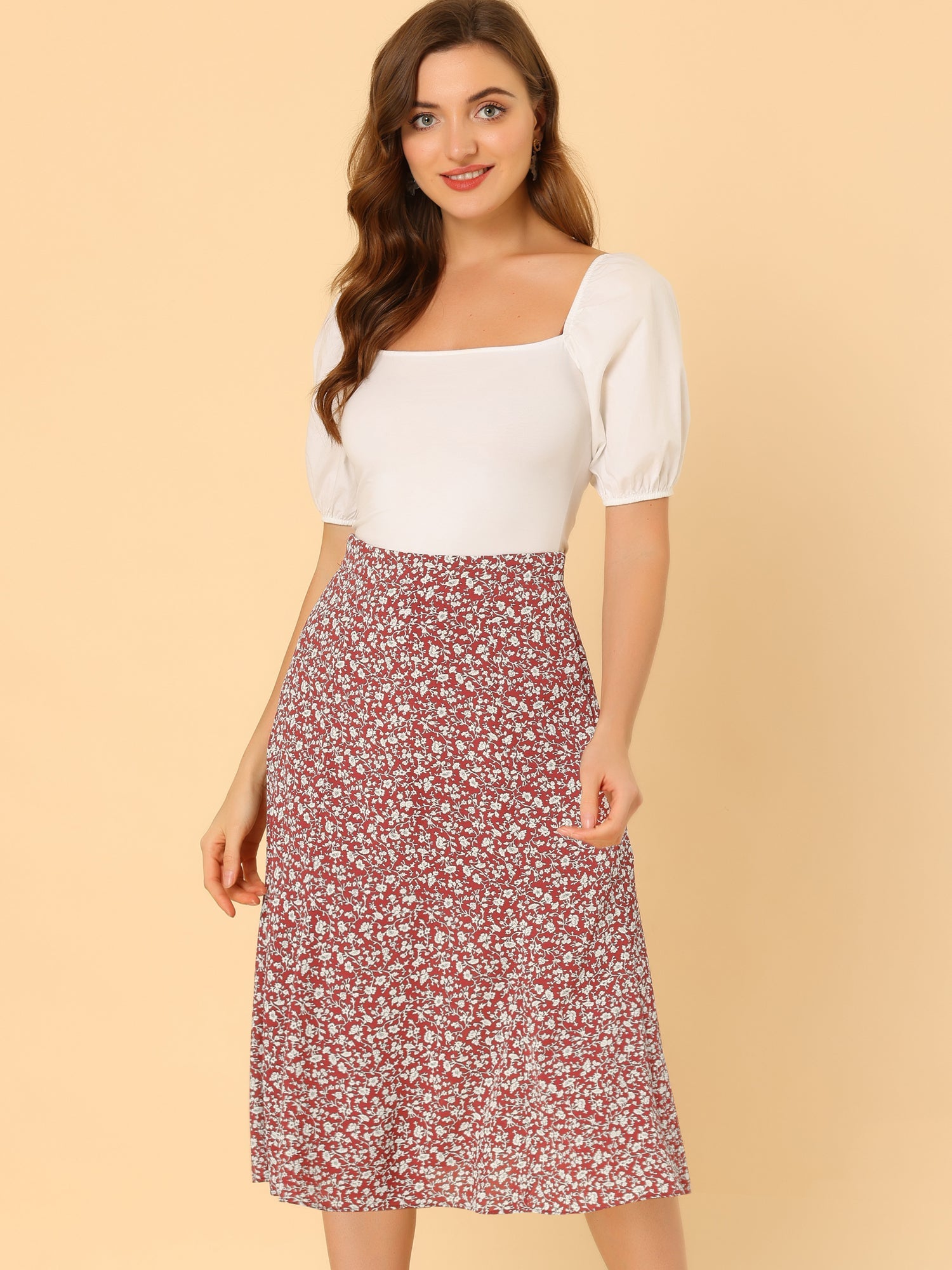 Floral Peasant Elastic Waist A-Line Ditsy Leave Midi Skirt