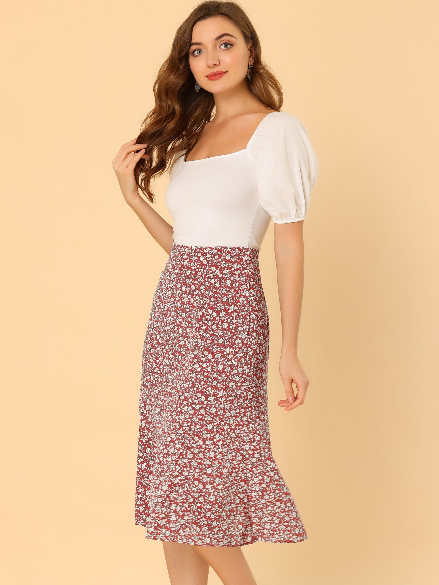 Floral Peasant Elastic Waist A-Line Ditsy Leave Midi Skirt