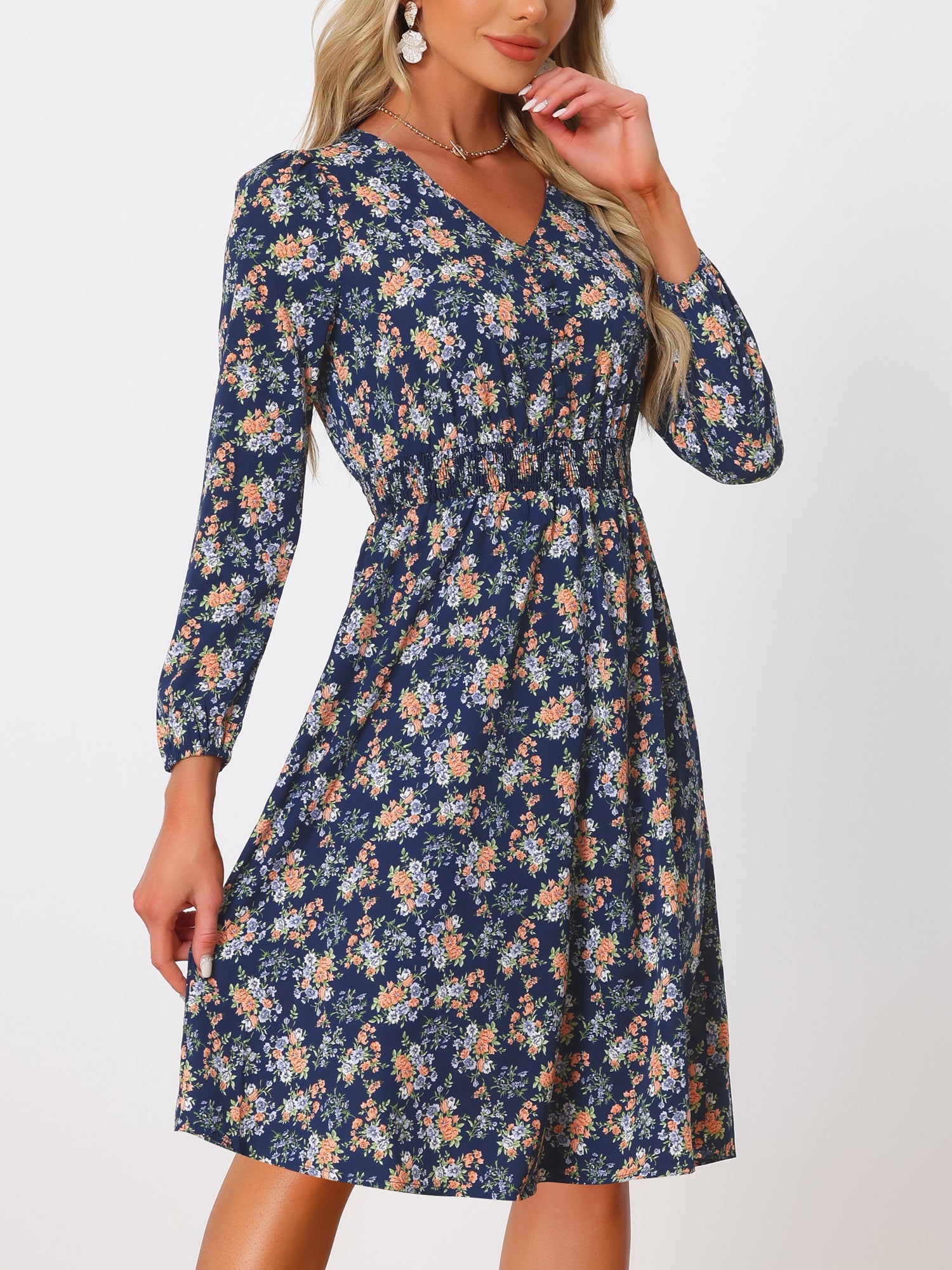 Floral Print V-Neck Long Sleeve Smocked Waist Midi Dress