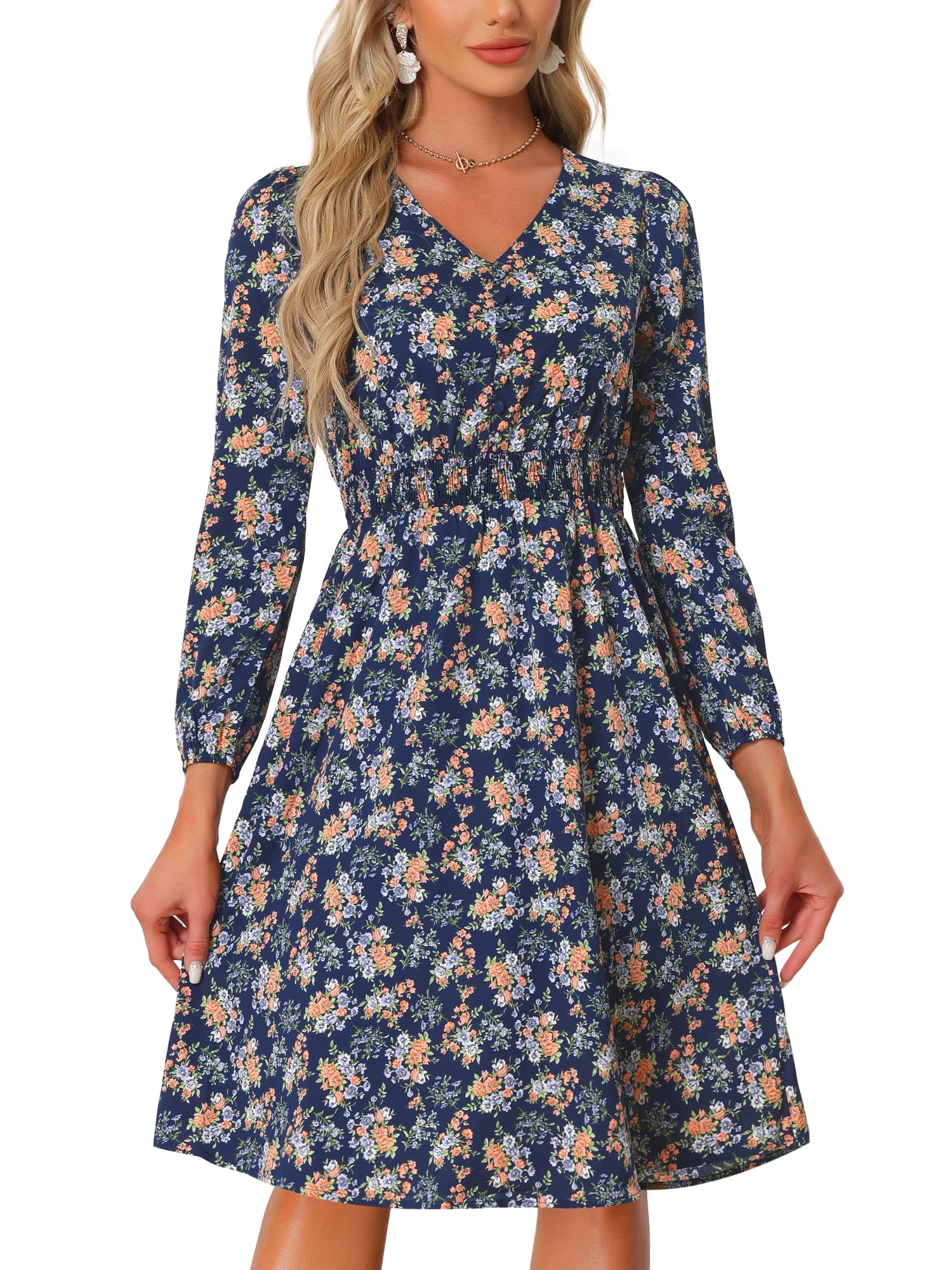 Floral Print V-Neck Long Sleeve Smocked Waist Midi Dress