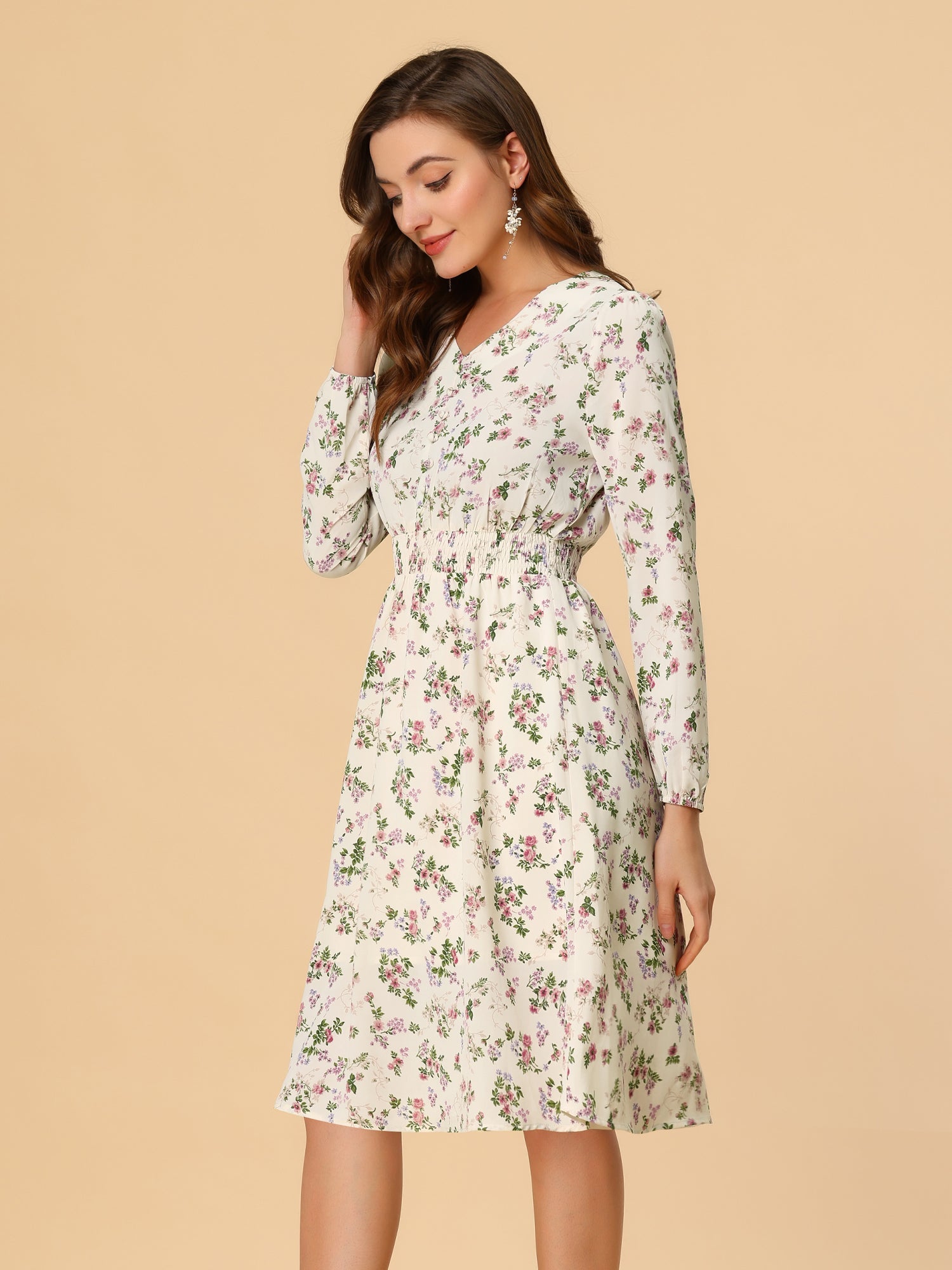 Floral Print V-Neck Long Sleeve Smocked Waist Midi Dress