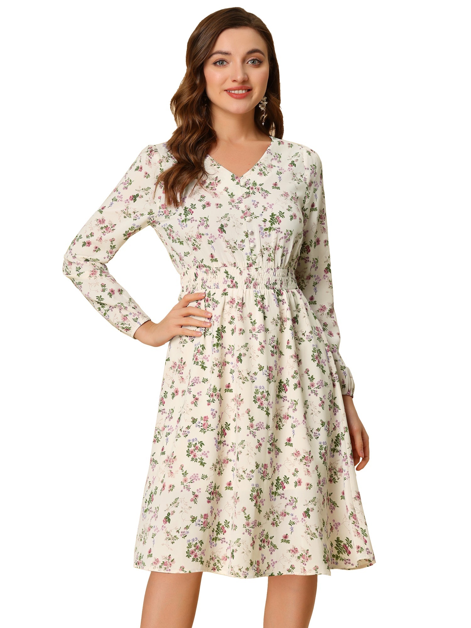 Floral Print V-Neck Long Sleeve Smocked Waist Midi Dress