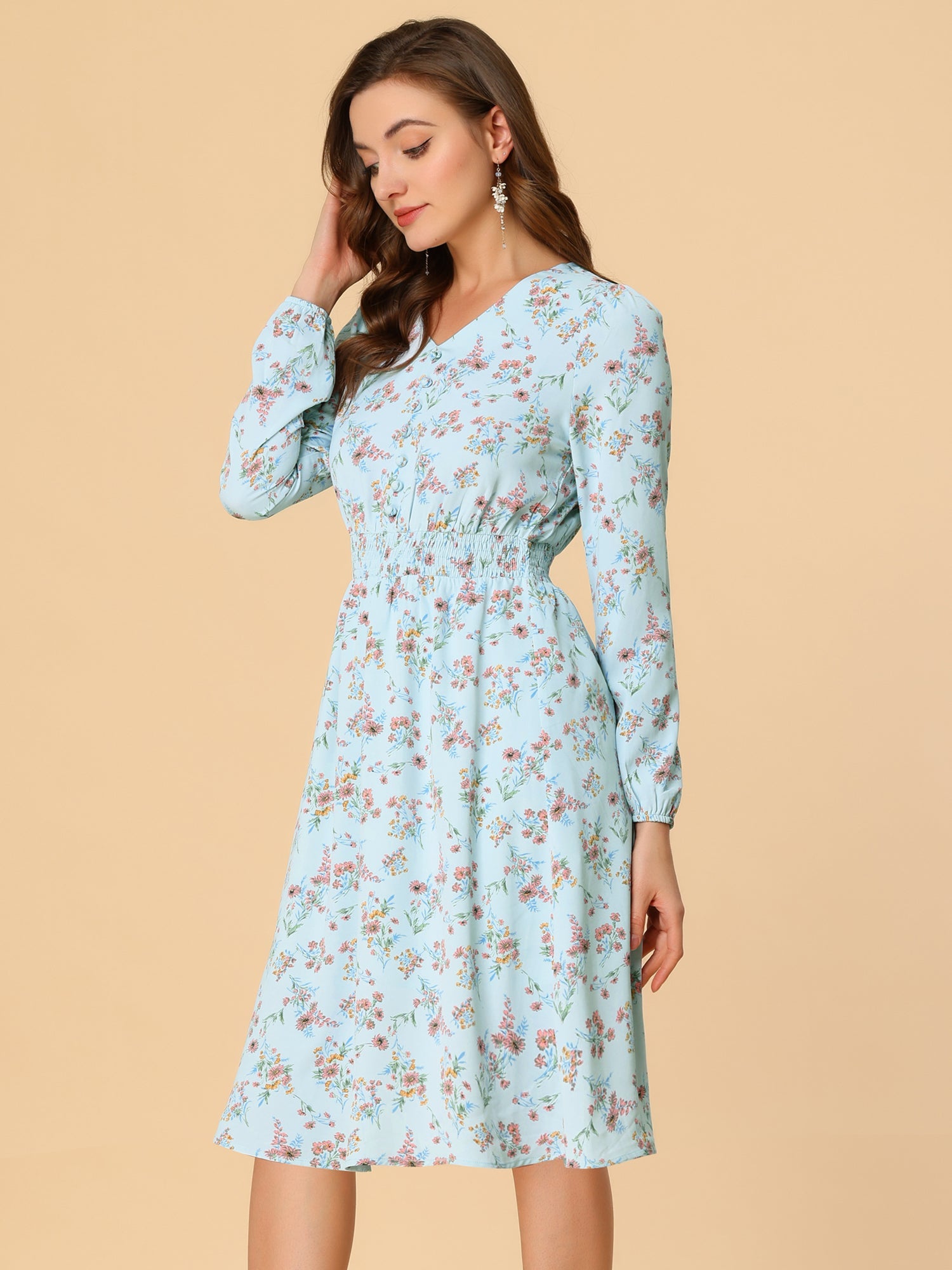 Floral Print V-Neck Long Sleeve Smocked Waist Midi Dress