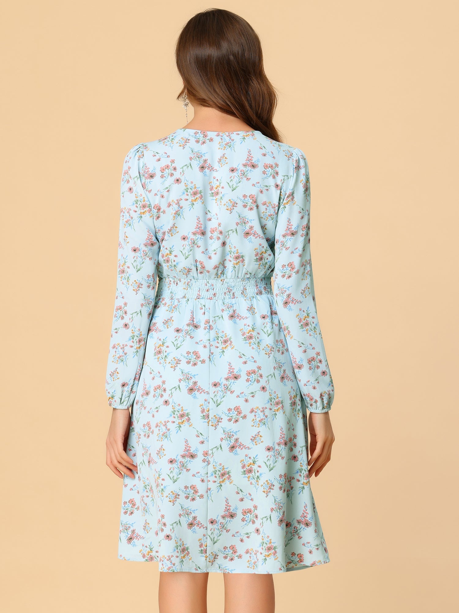 Floral Print V-Neck Long Sleeve Smocked Waist Midi Dress