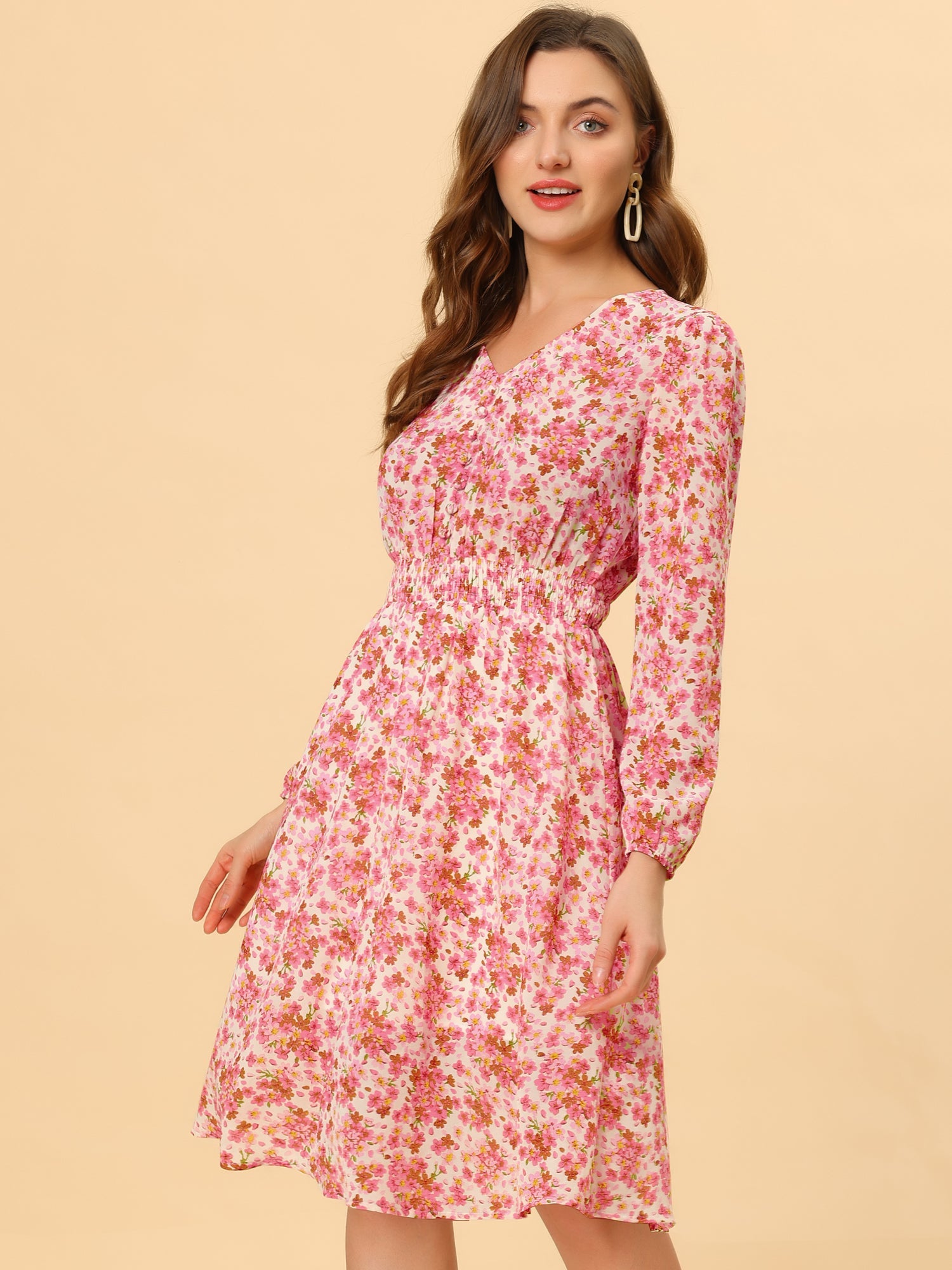 Floral Print V-Neck Long Sleeve Smocked Waist Midi Dress