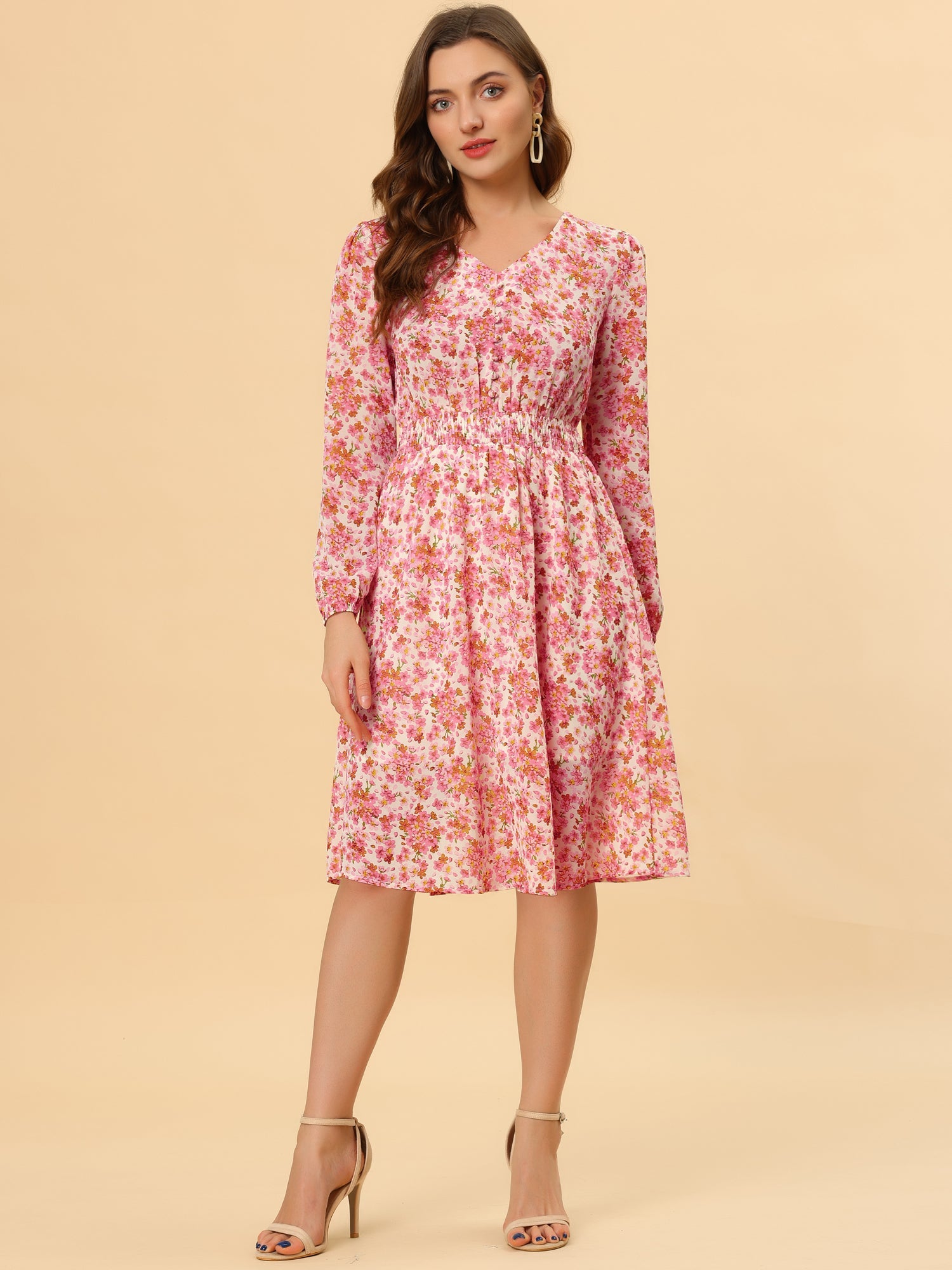 Floral Print V-Neck Long Sleeve Smocked Waist Midi Dress