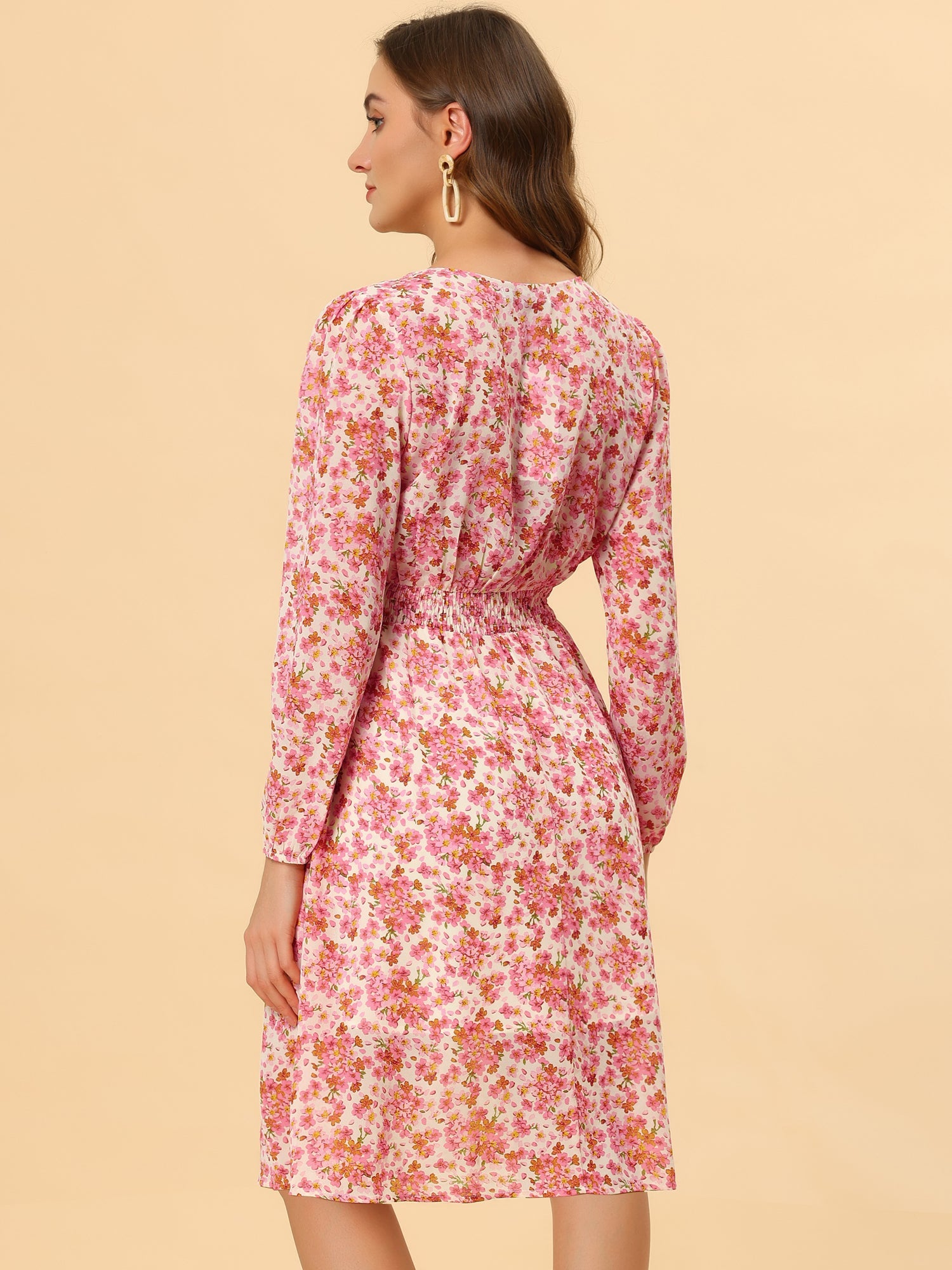 Floral Print V-Neck Long Sleeve Smocked Waist Midi Dress