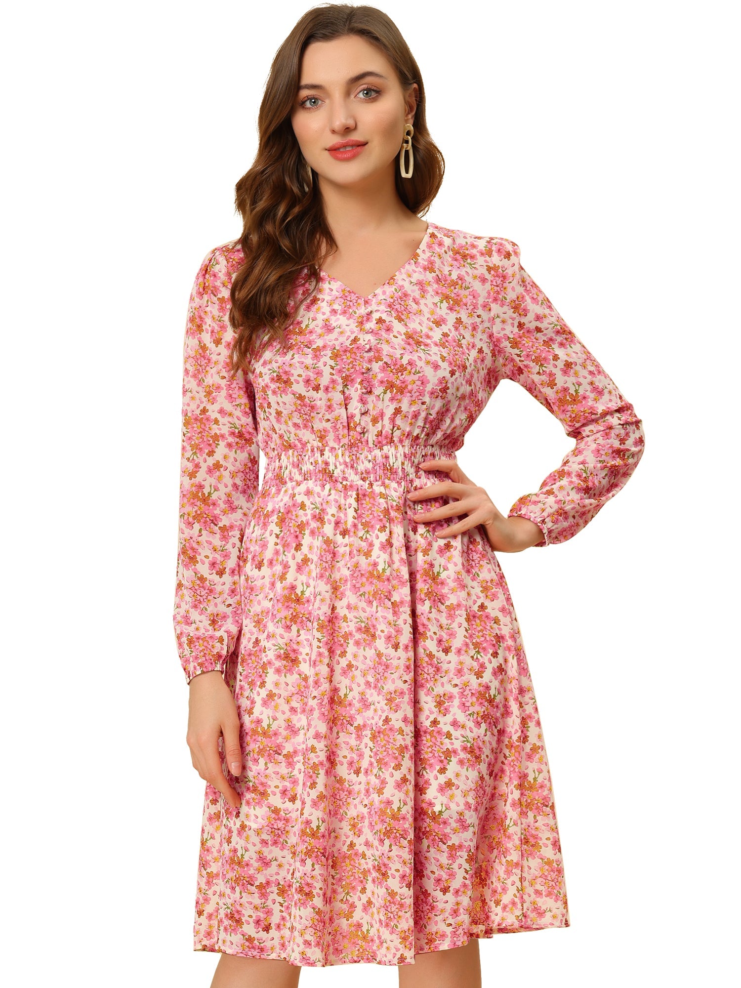 Floral Print V-Neck Long Sleeve Smocked Waist Midi Dress