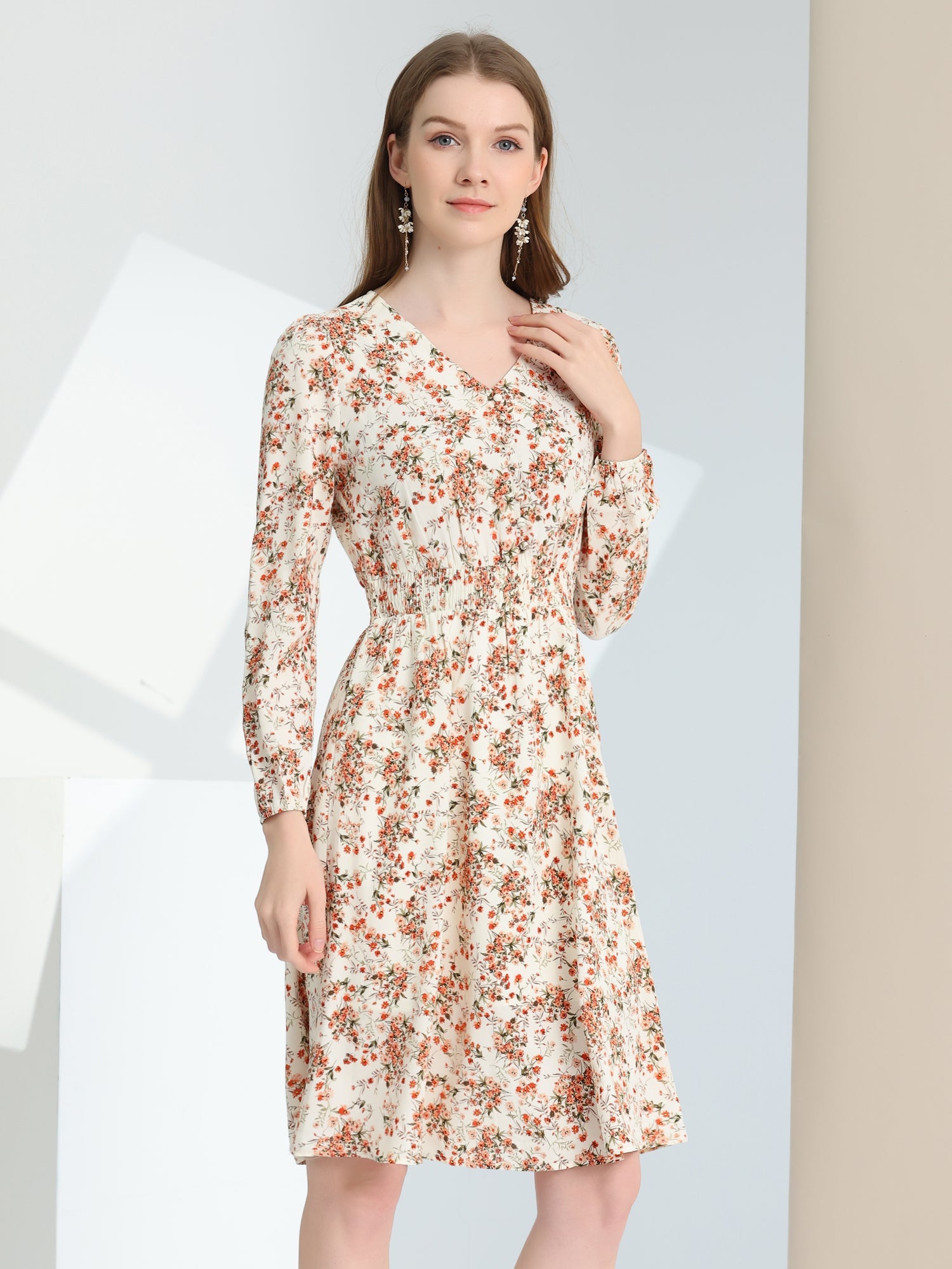 Floral Print V-Neck Long Sleeve Smocked Waist Midi Dress