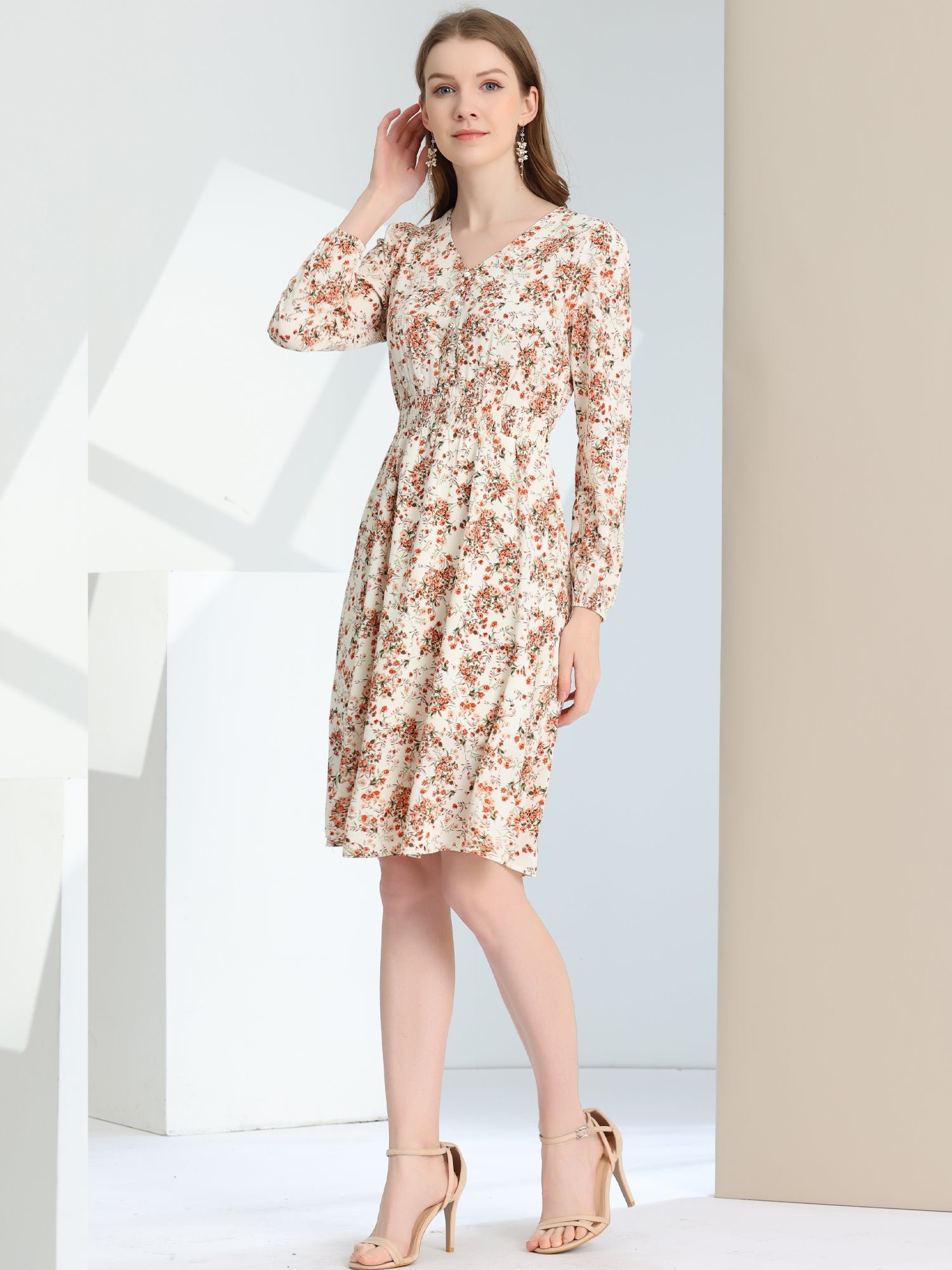 Floral Print V-Neck Long Sleeve Smocked Waist Midi Dress