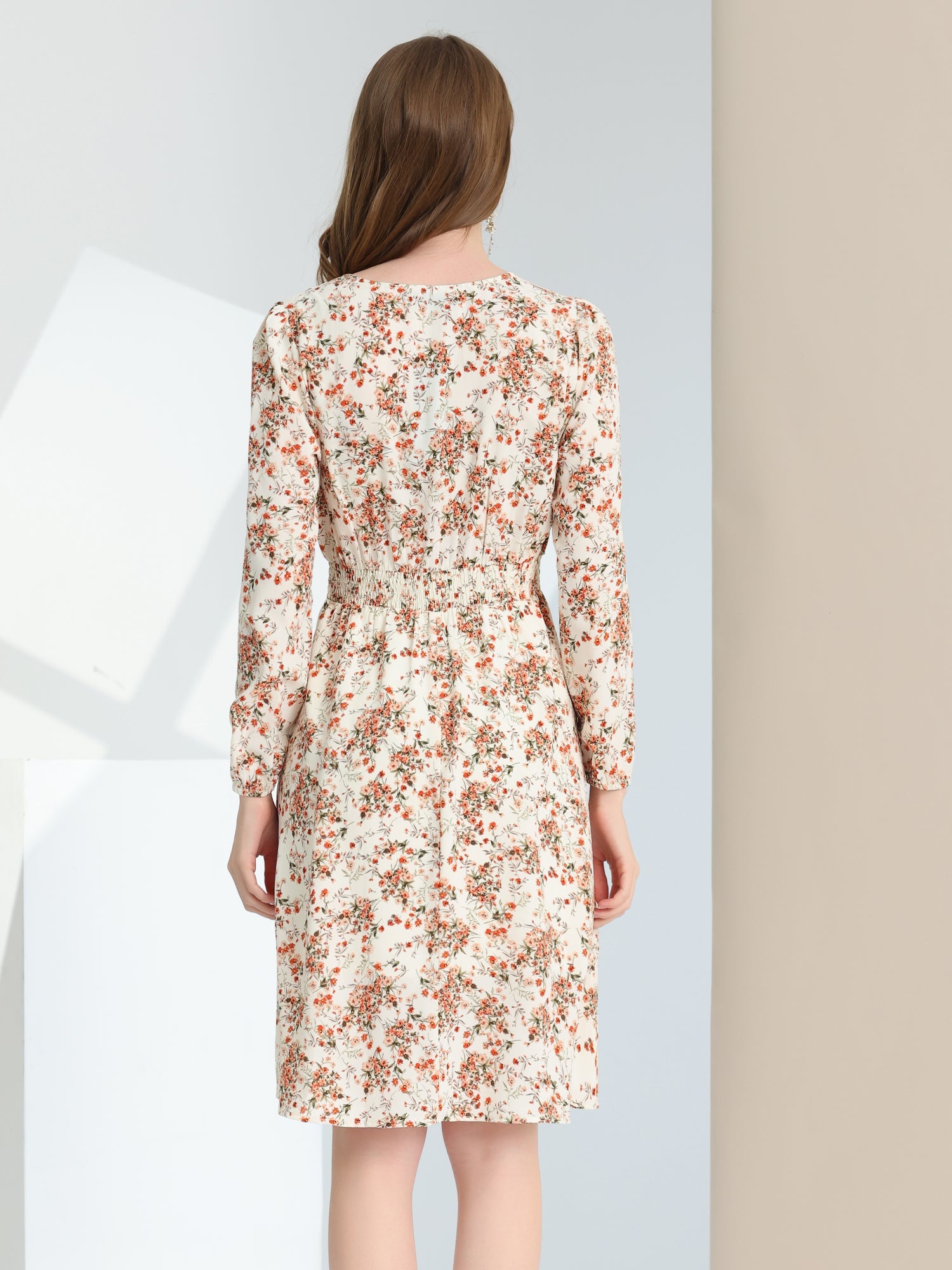 Floral Print V-Neck Long Sleeve Smocked Waist Midi Dress