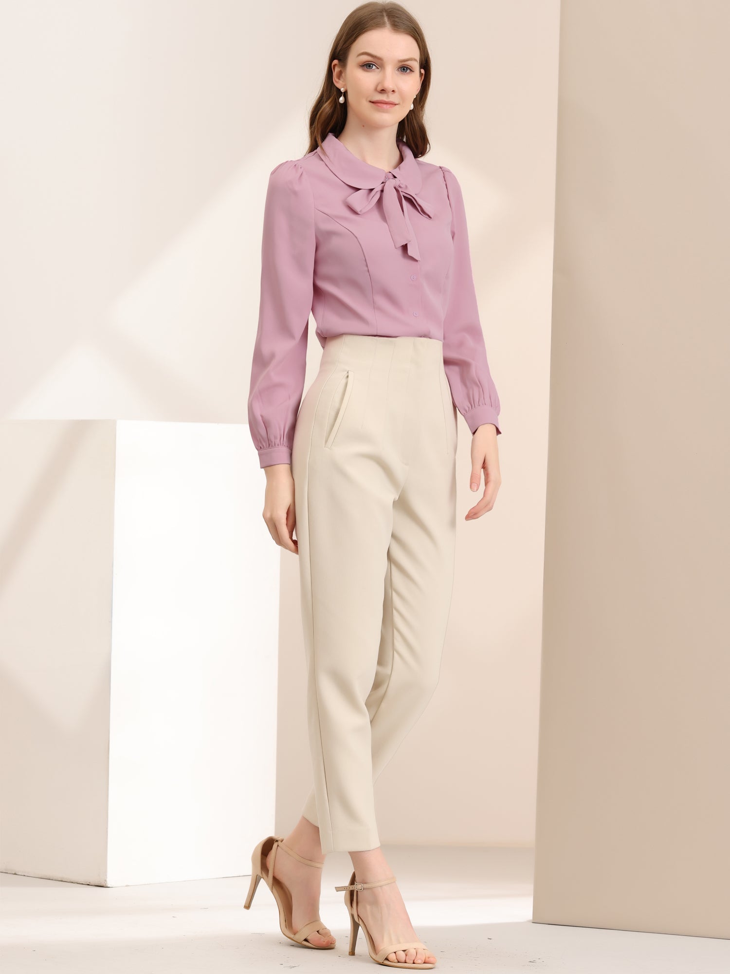 Peter Pan Collar Chiffon Bow Tie Neck Puff Sleeve Button Blouse