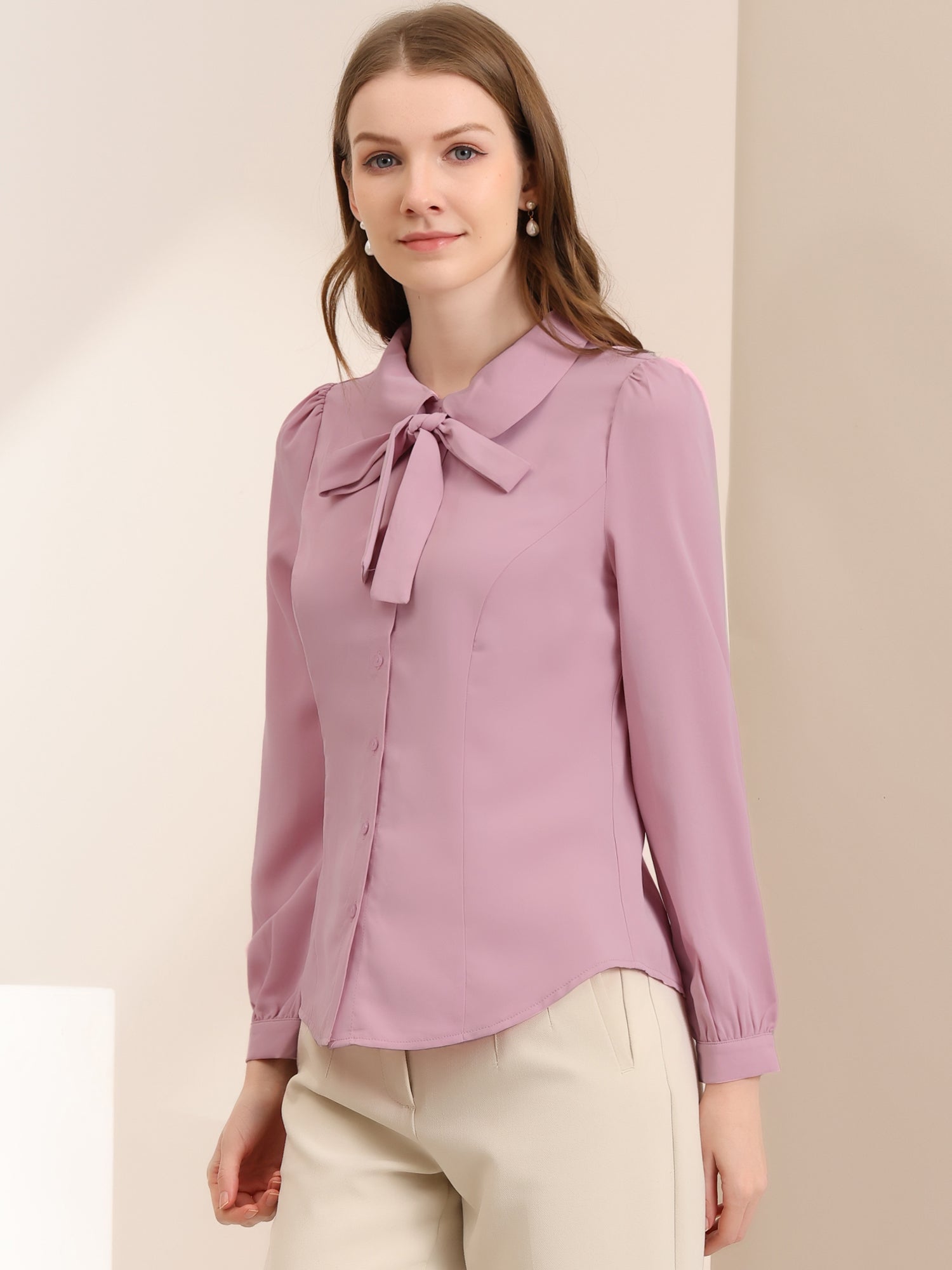Peter Pan Collar Chiffon Bow Tie Neck Puff Sleeve Button Blouse