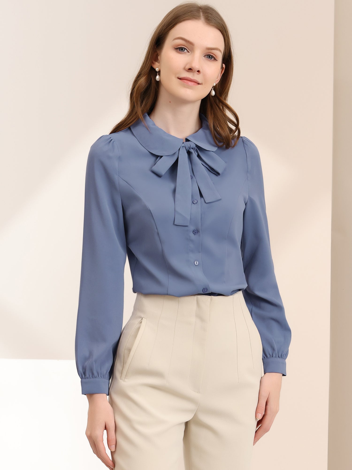 Peter Pan Collar Chiffon Bow Tie Neck Puff Sleeve Button Blouse