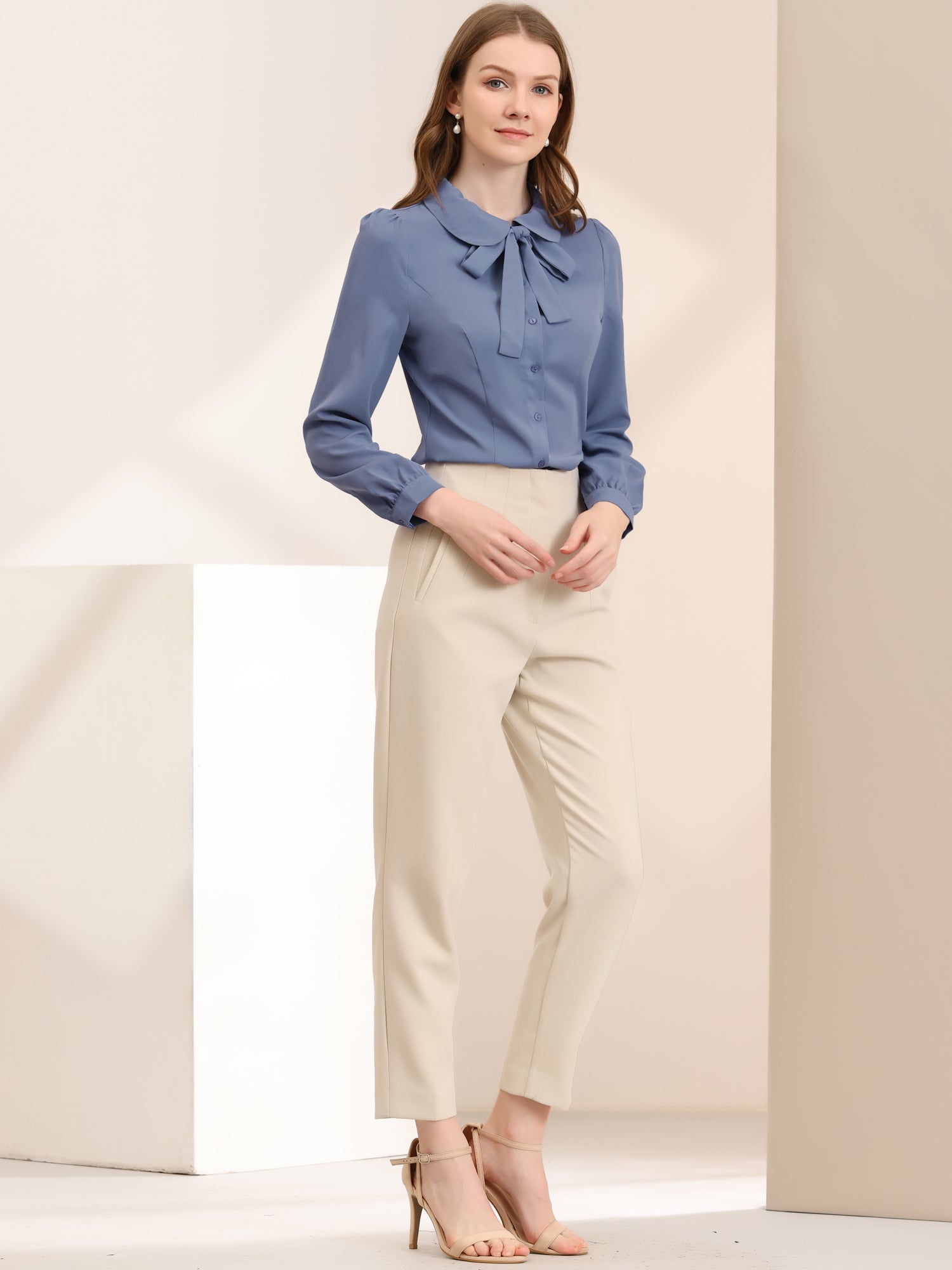 Peter Pan Collar Chiffon Bow Tie Neck Puff Sleeve Button Blouse