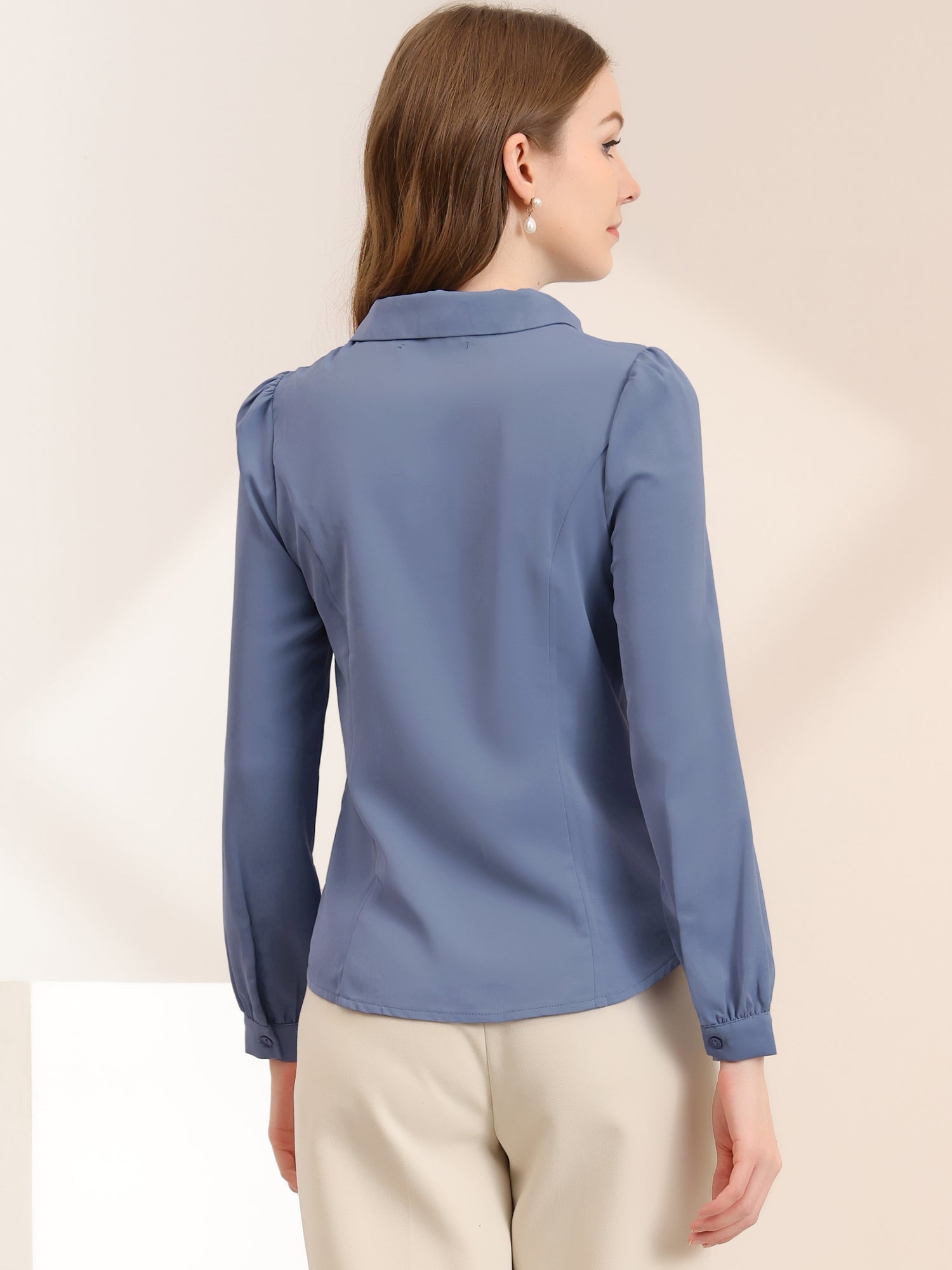 Peter Pan Collar Chiffon Bow Tie Neck Puff Sleeve Button Blouse