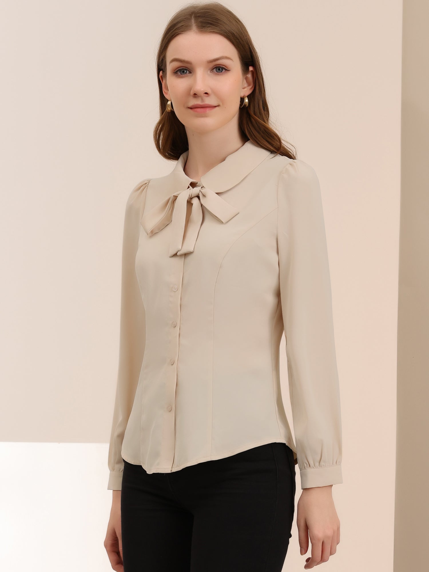 Peter Pan Collar Chiffon Bow Tie Neck Puff Sleeve Button Blouse
