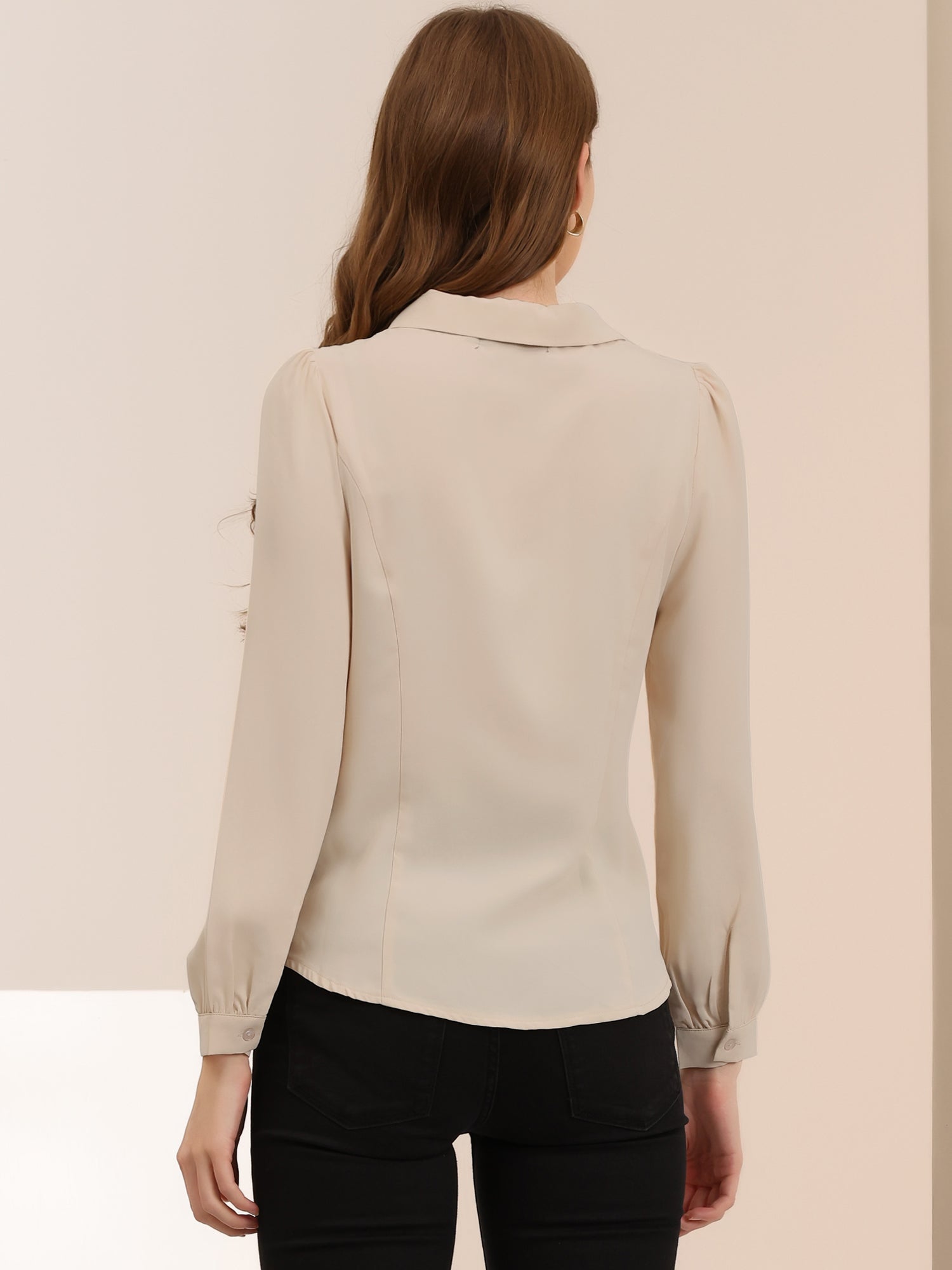 Peter Pan Collar Chiffon Bow Tie Neck Puff Sleeve Button Blouse