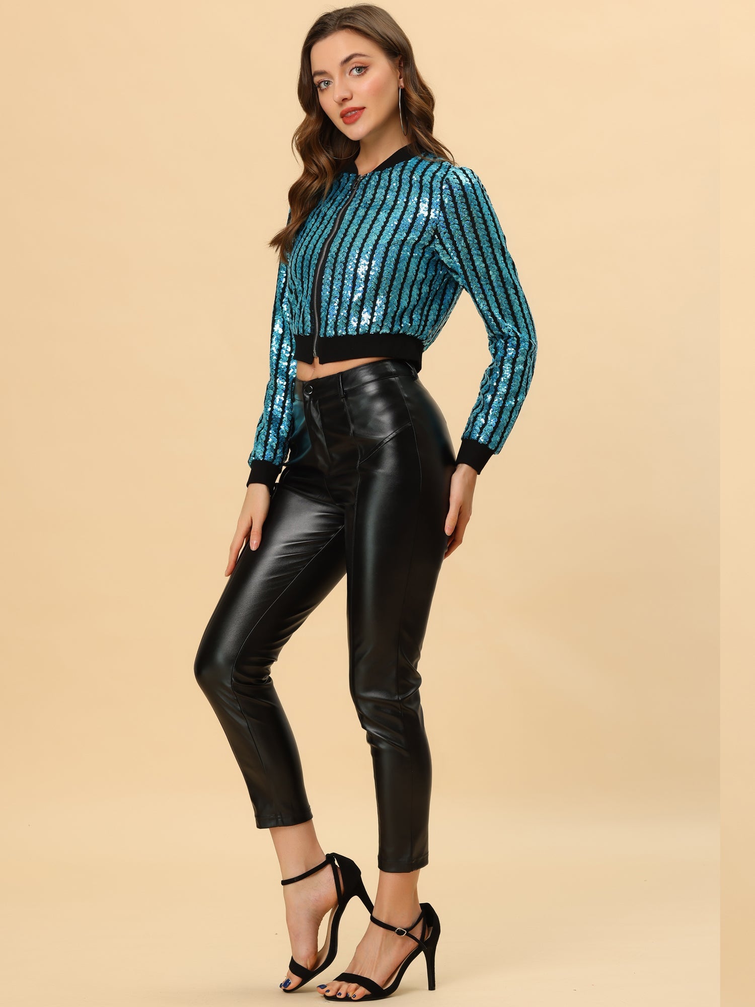 Metallic Sequin Shiny Zip Up Party Sparkly Crop Bomber Jacket