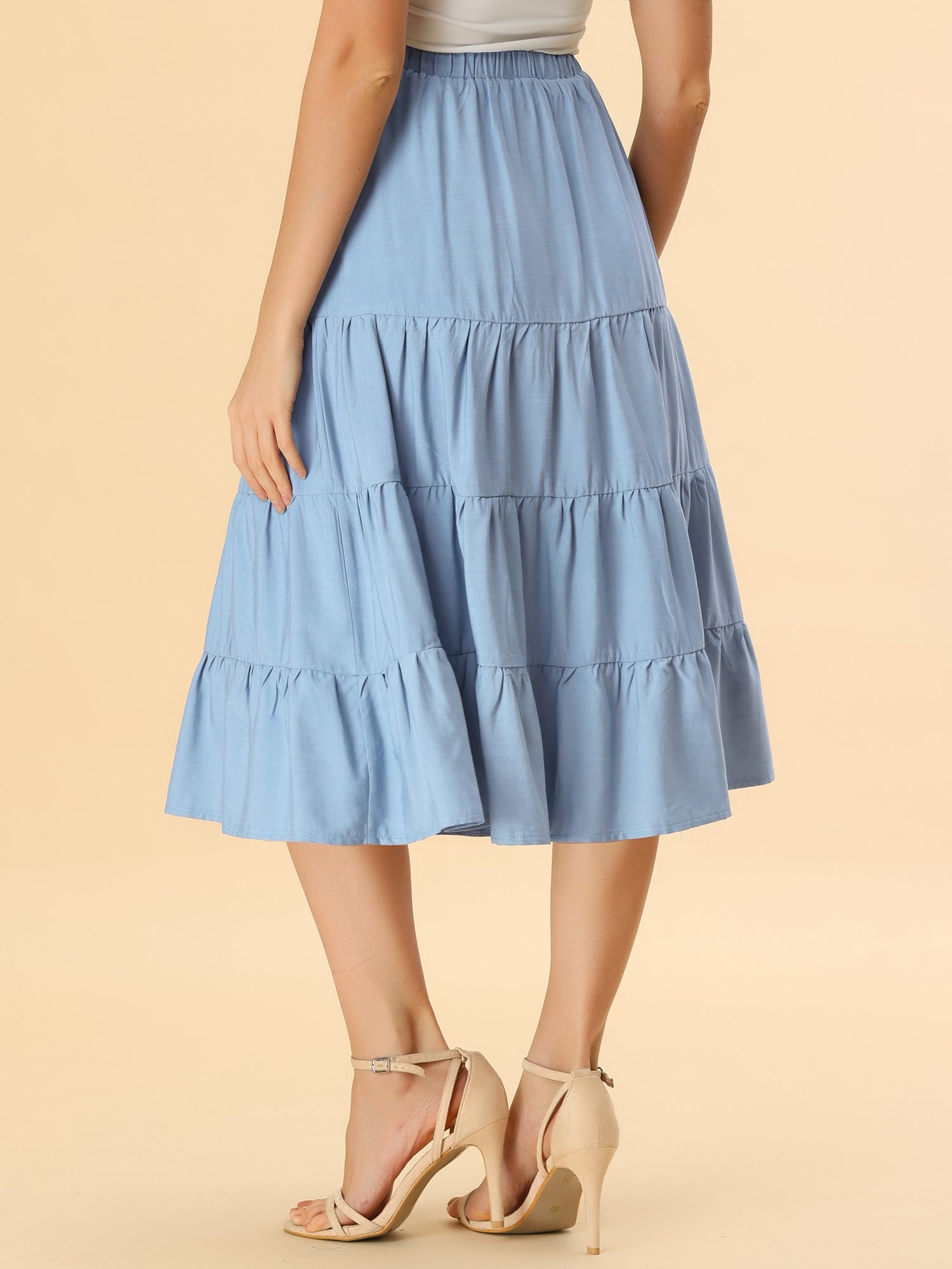 Midi Solid Elastic Waist Flare Tiered Long Pockets A-Line Skirt