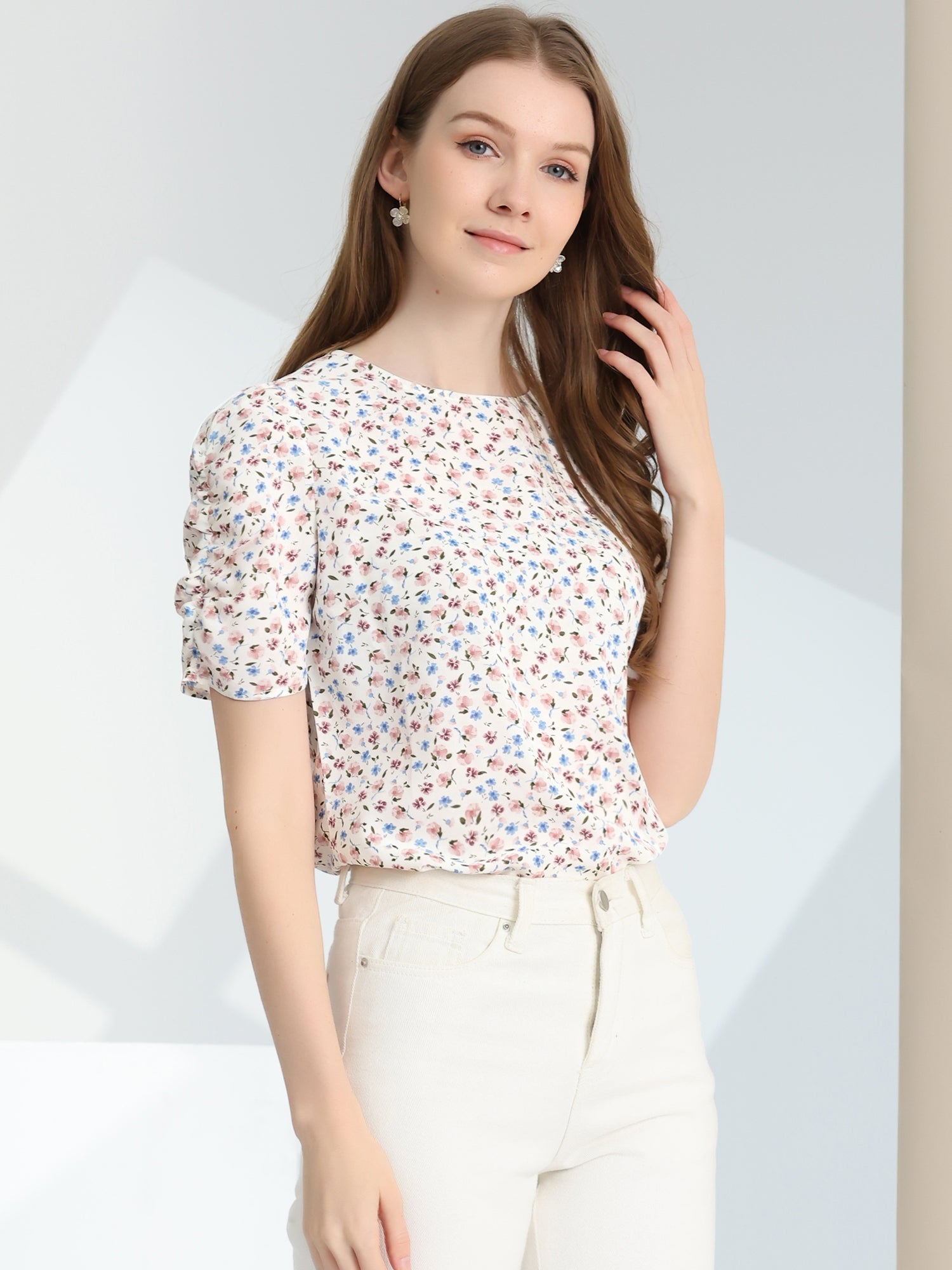 Floral Crew Neck Ruched Sleeve Casual Blouse